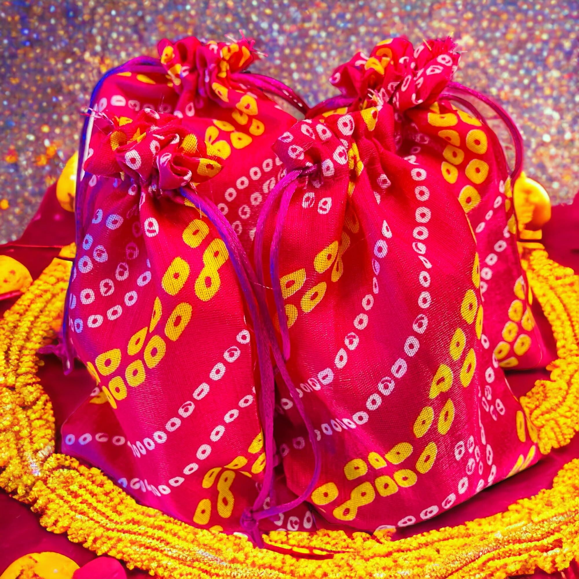 Krisah Pack Of 50 Pcs Potli Gift Pouches Bags, Small Size,18 Cm X 12 Cm, Bandhej Print, Magenta