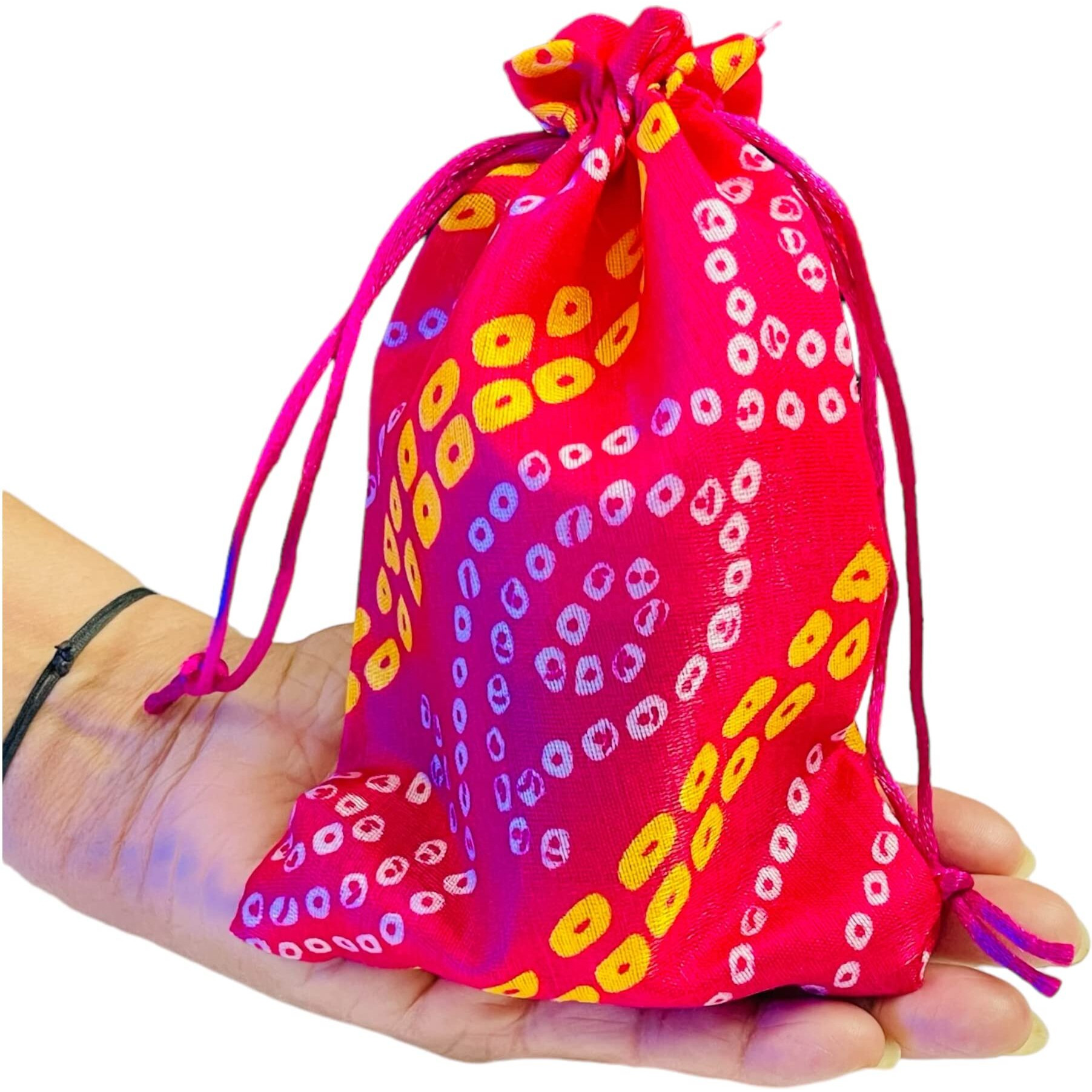 Krisah Pack Of 50 Pcs Potli Gift Pouches Bags, Small Size,18 Cm X 12 Cm, Bandhej Print, Magenta