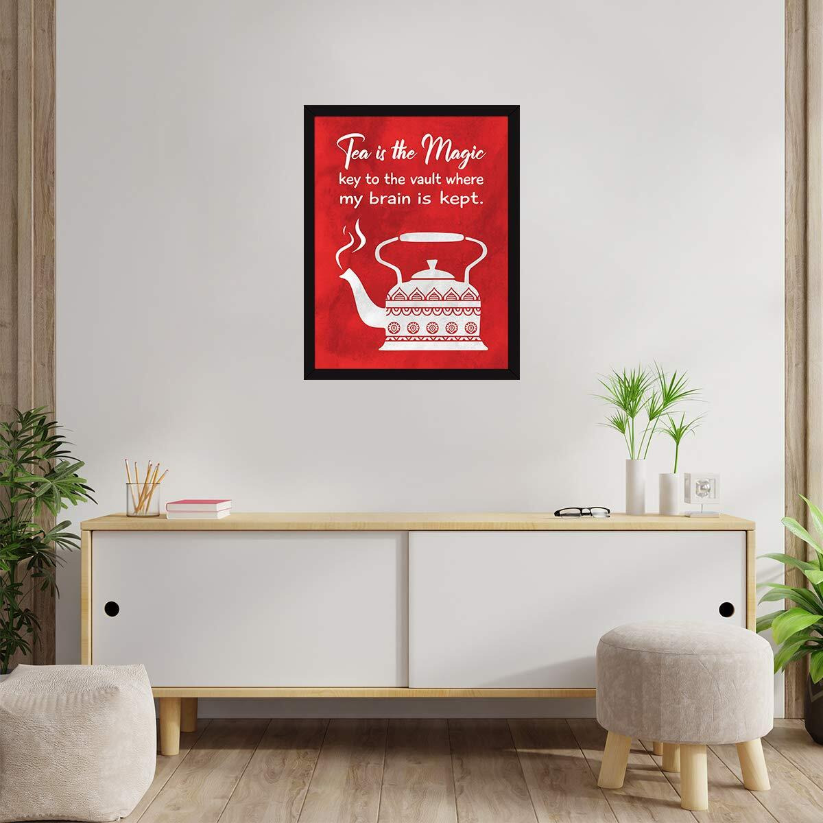 Chaka Chaundh  Tea Quotes Frames - Tea Quotes Wall Frames - Kitchen Quotes Frames - Tea Posters For Wall Framed - Tea Poster Framed - Dining Quotes Frame - (14 X 11 Inches) (Tea Magic Red)