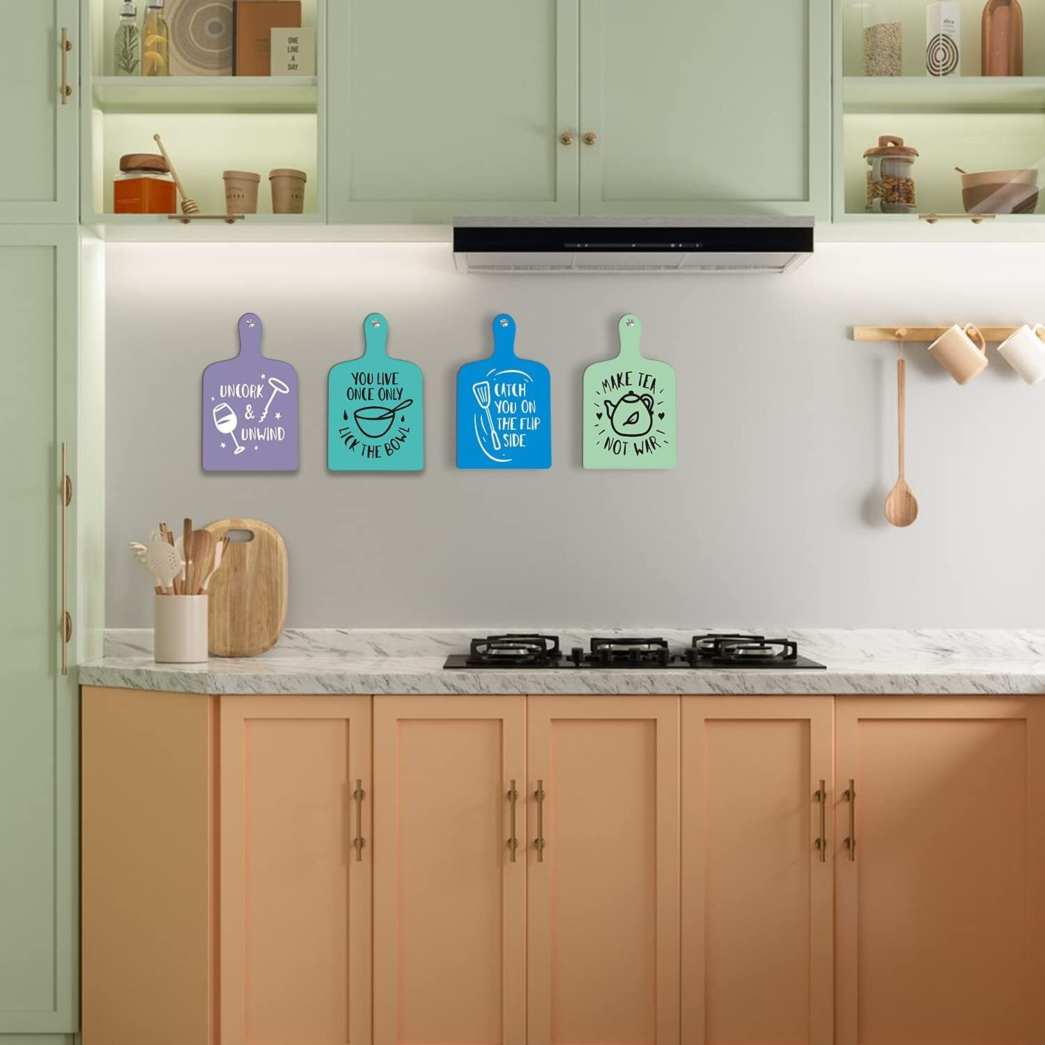 Printelligent Wall Art Wooden Kitchen Home Decor Items Pack Of 4 (Art Deco_04)