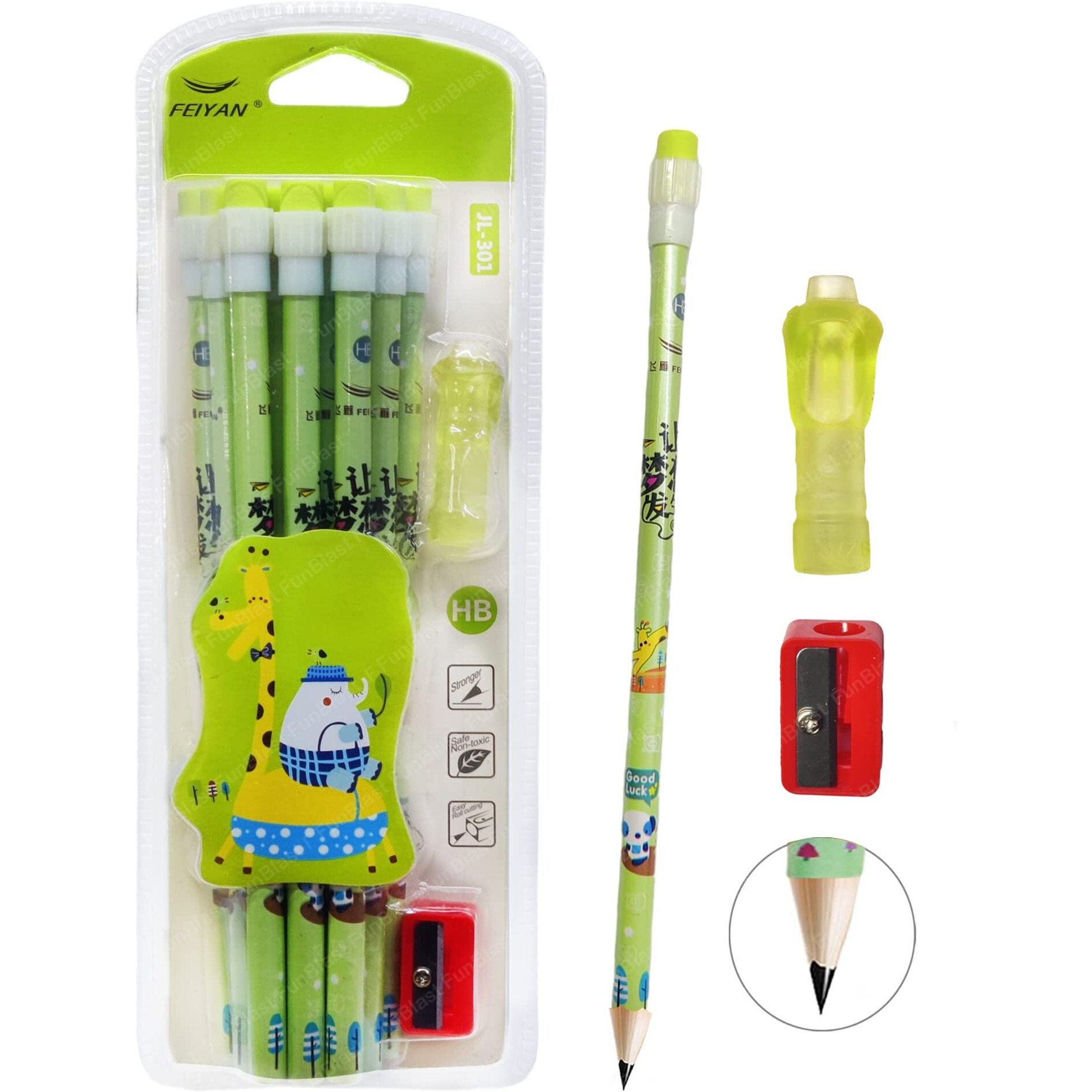 Funblast Stylish Pencils Stationary Kit  Kawaii Pencils Set With Sharpener, Erasers And Pencil Cap For Kids, Boys And Girls, 2B Pencils, Birthday Return Gift Stationary Set (Pack Of 12) (A)