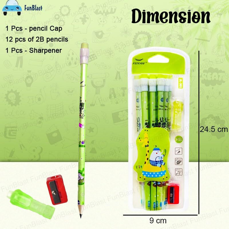 Funblast Stylish Pencils Stationary Kit  Kawaii Pencils Set With Sharpener, Erasers And Pencil Cap For Kids, Boys And Girls, 2B Pencils, Birthday Return Gift Stationary Set (Pack Of 12) (A)