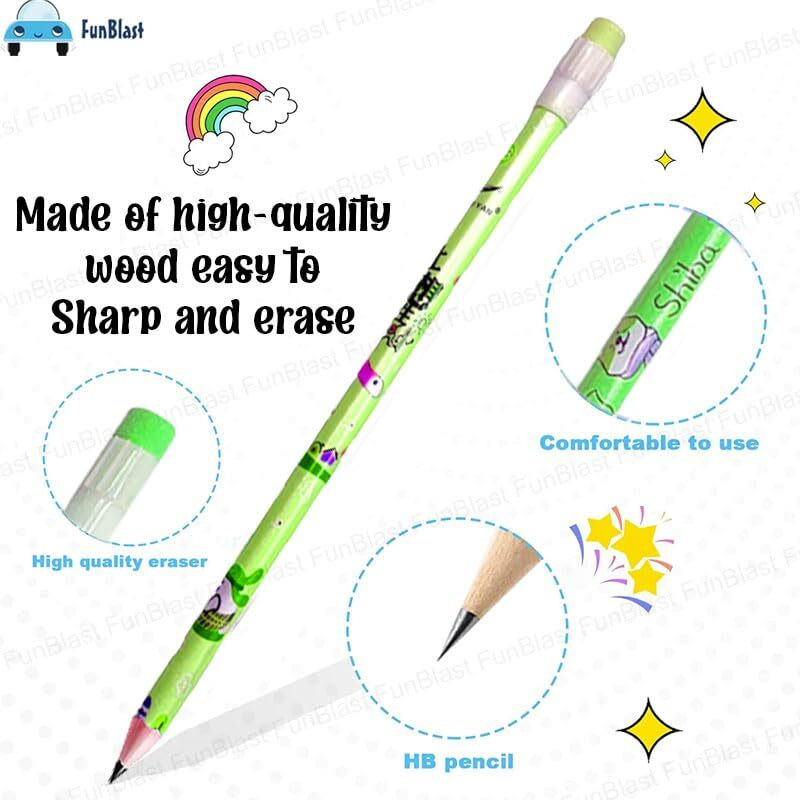 Funblast Stylish Pencils Stationary Kit  Kawaii Pencils Set With Sharpener, Erasers And Pencil Cap For Kids, Boys And Girls, 2B Pencils, Birthday Return Gift Stationary Set (Pack Of 12) (A)