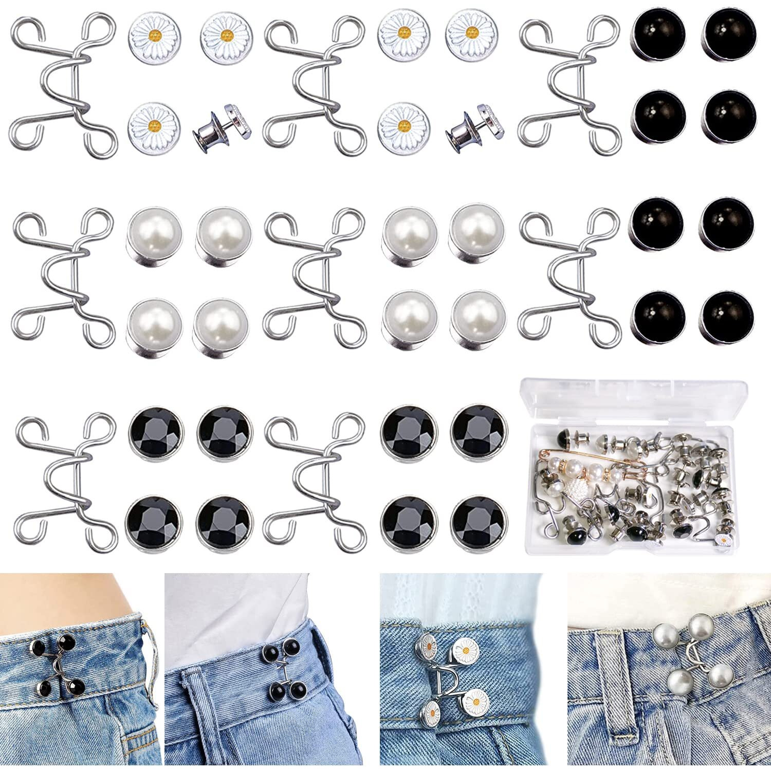 48 Pieces Adjustable Waist Buckle Extender Set, 8 Set 4 Style Jean Button Pins No Sewing Required Pants Clips For Waist, Pant Waist Tightener For Jeans Dress Perfect Fit Instant Button (Elegant Style)