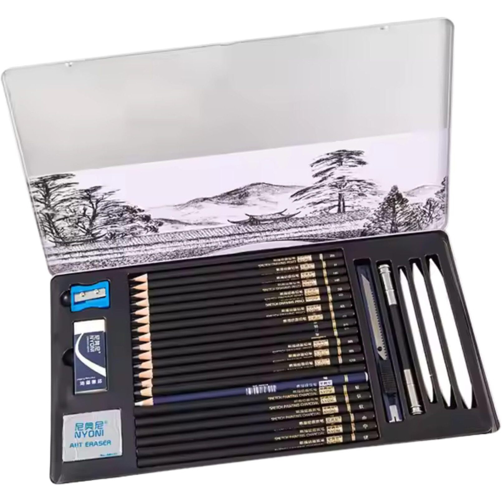 Gold Leaf 29Pcs Sketching & Drawing Pencil Set  Art Kit With Graphite, Charcoal Pencils, Erasers, Paper Stumps, Art Knife & More  Packed In Iron Box For Artists, Students & Hobbyists