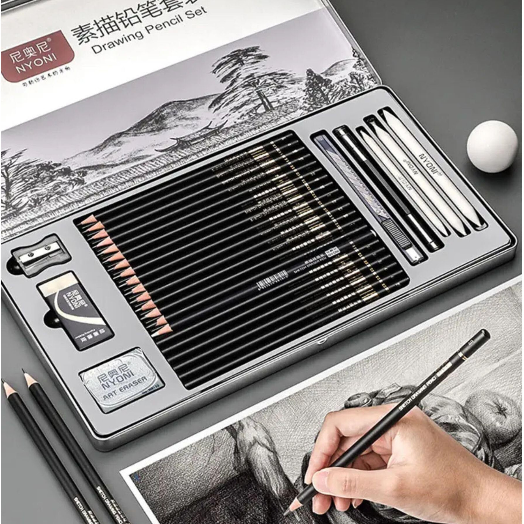 Gold Leaf 29Pcs Sketching & Drawing Pencil Set  Art Kit With Graphite, Charcoal Pencils, Erasers, Paper Stumps, Art Knife & More  Packed In Iron Box For Artists, Students & Hobbyists