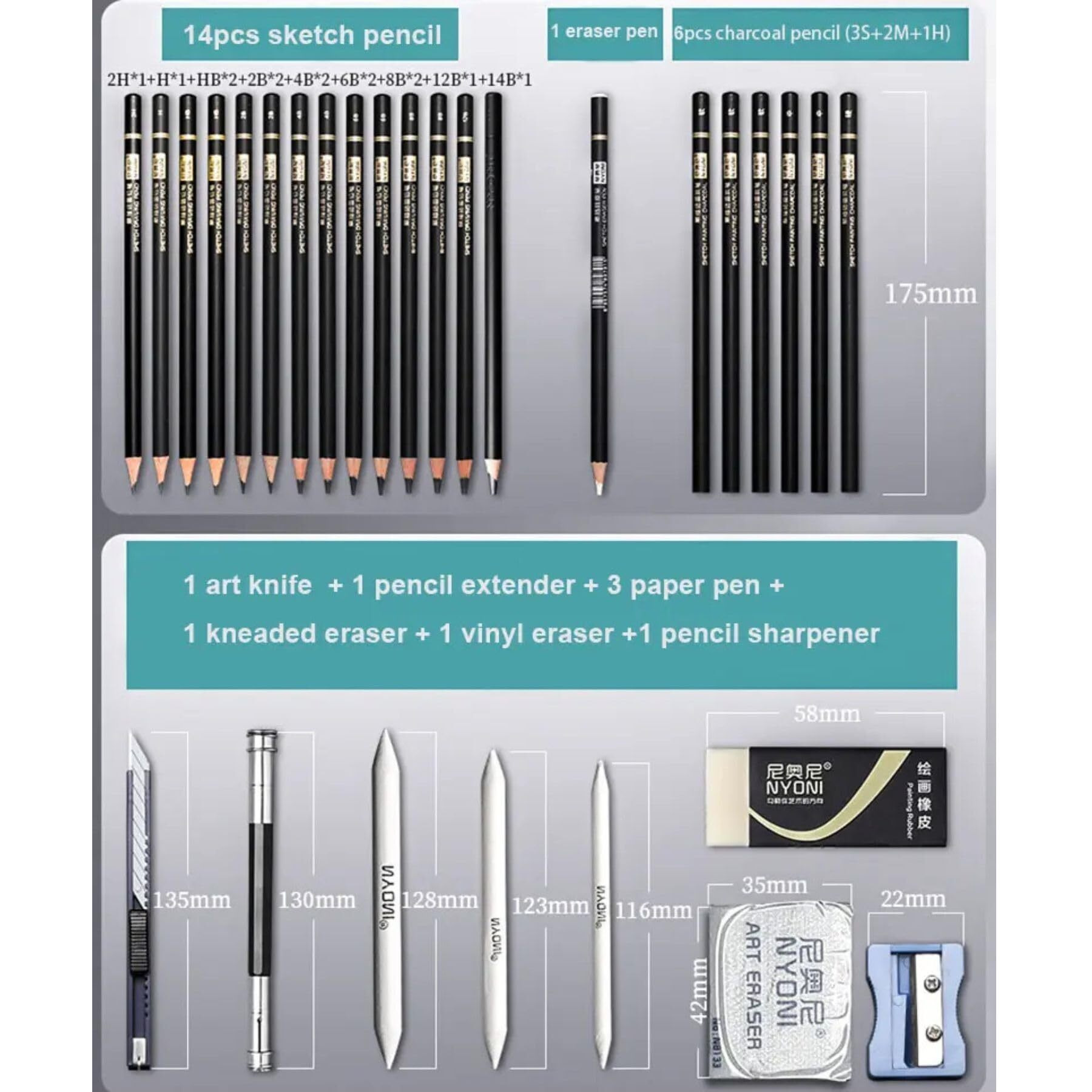 Gold Leaf 29Pcs Sketching & Drawing Pencil Set  Art Kit With Graphite, Charcoal Pencils, Erasers, Paper Stumps, Art Knife & More  Packed In Iron Box For Artists, Students & Hobbyists