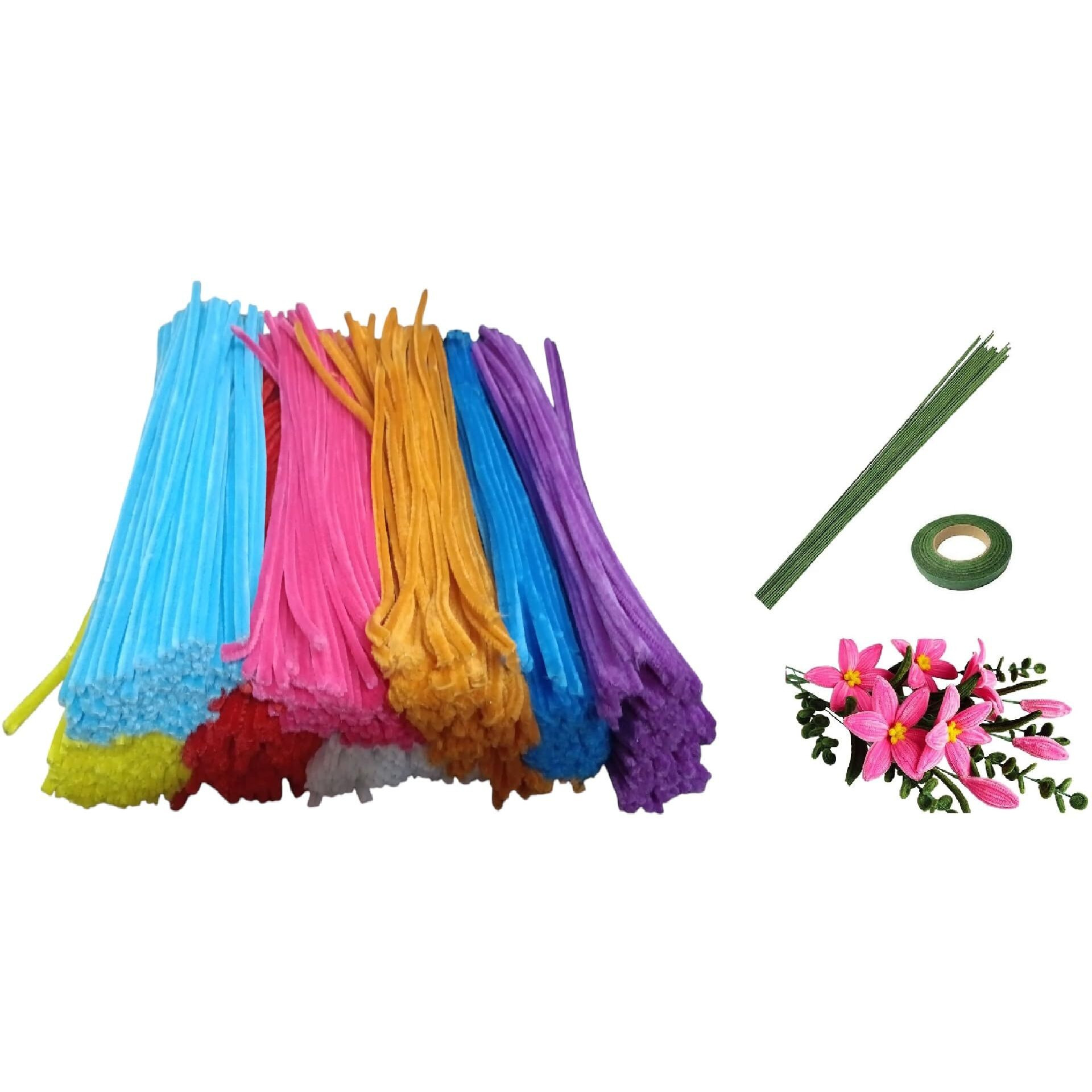 Pandeji 251Pc Pipe Cleaners Flower Making Kit, Arts And Craft Supplies, Pipe Cleaners Chenille Stem With Green Wire & Floral Tape (200Pc-8Colors-25Pc Each)