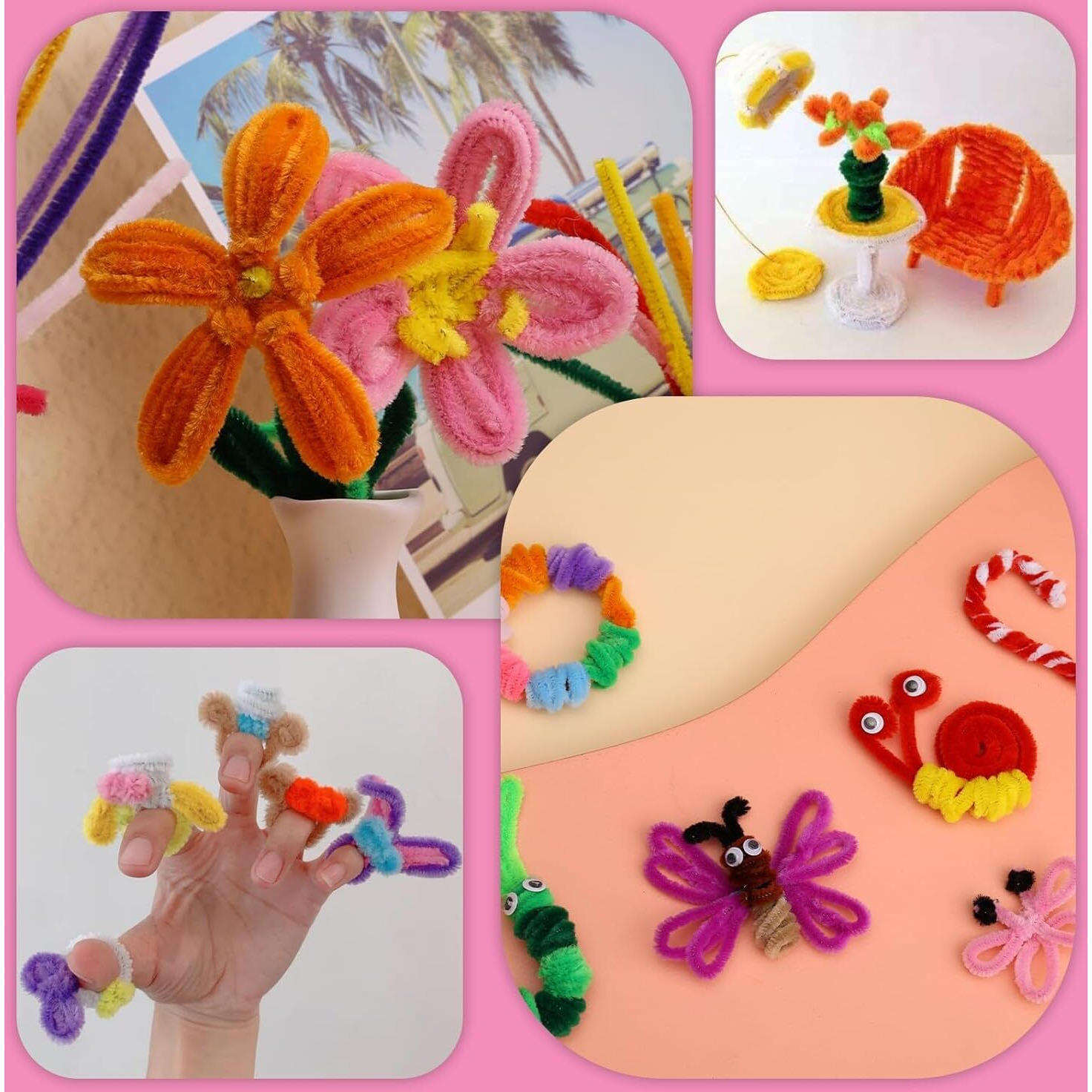 Pandeji 251Pc Pipe Cleaners Flower Making Kit, Arts And Craft Supplies, Pipe Cleaners Chenille Stem With Green Wire & Floral Tape (200Pc-8Colors-25Pc Each)