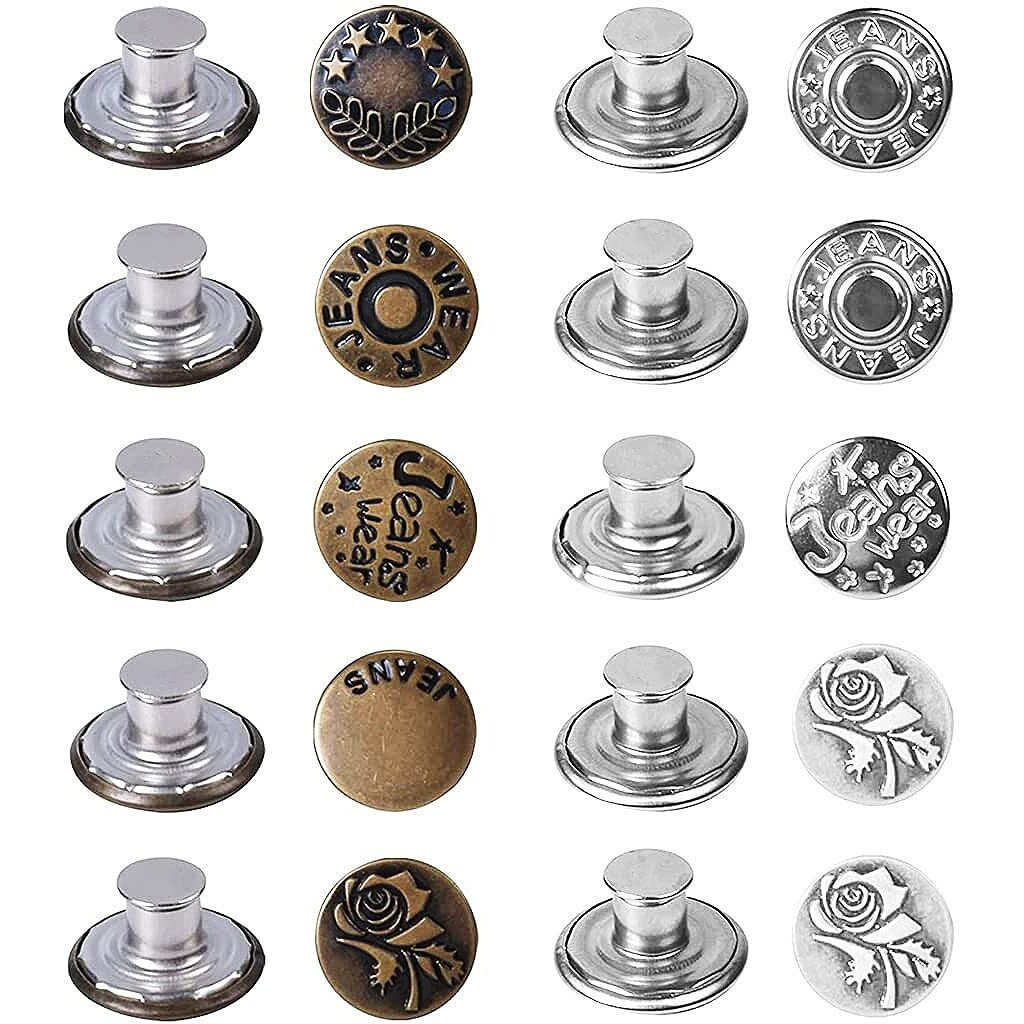 Hasthip 10Pcs Detachable Buttons For Jeans, No Sew Instant Loose Jean Button Pins Reusable Tightener Replacement Buttons For Clothes Adjustment, Hats Bags Decorations (Copper & Silver Combo)