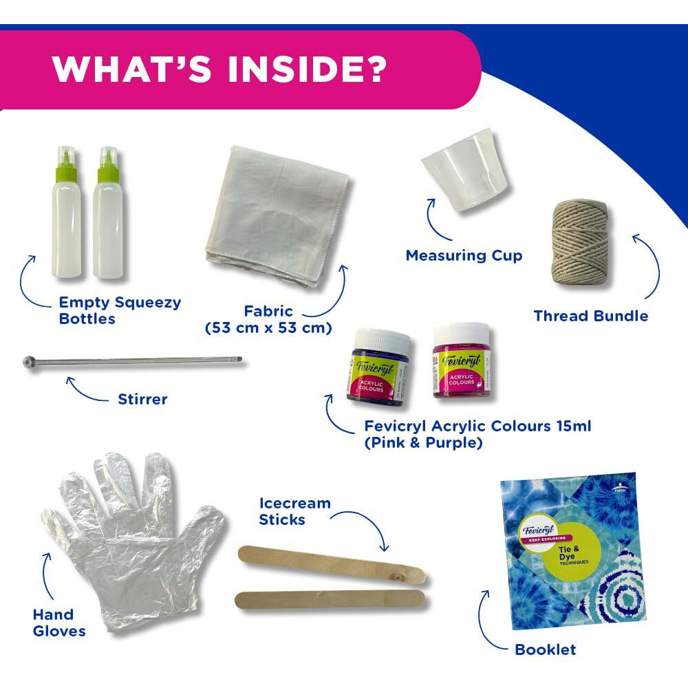 Fevicryl Tie Dye Kit| Complete Diy Fabric Colour Kit With 2 X 15 Ml Vibrant Acrylic Colors, 21 X 21 Inches Fabric, Squeezer And More | Unique Gift For Girls And Art Lovers