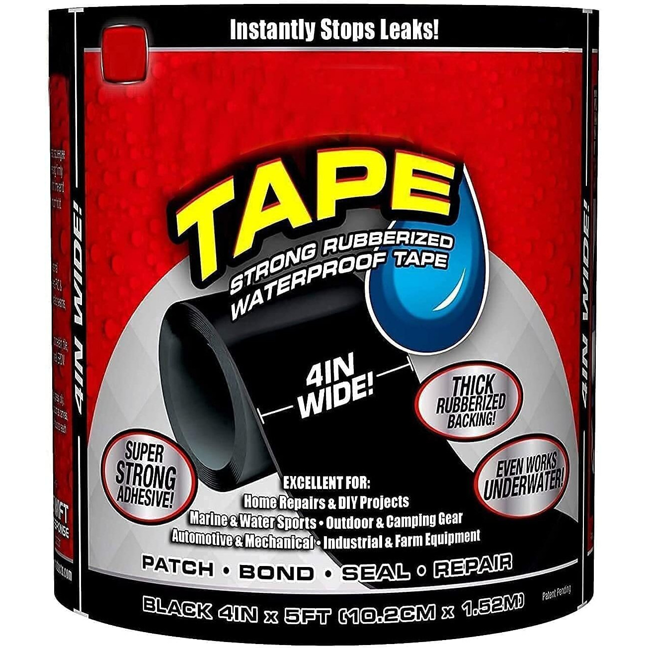 Krifa Waterproof Flex Tape For Water Leakage 4"  5' | Rubberized Sealant Tape For Water Tank Sink Pipe Repair | Instant Leak Patch For Wall Roof Gaps Cracks | Black | Pack Of 1