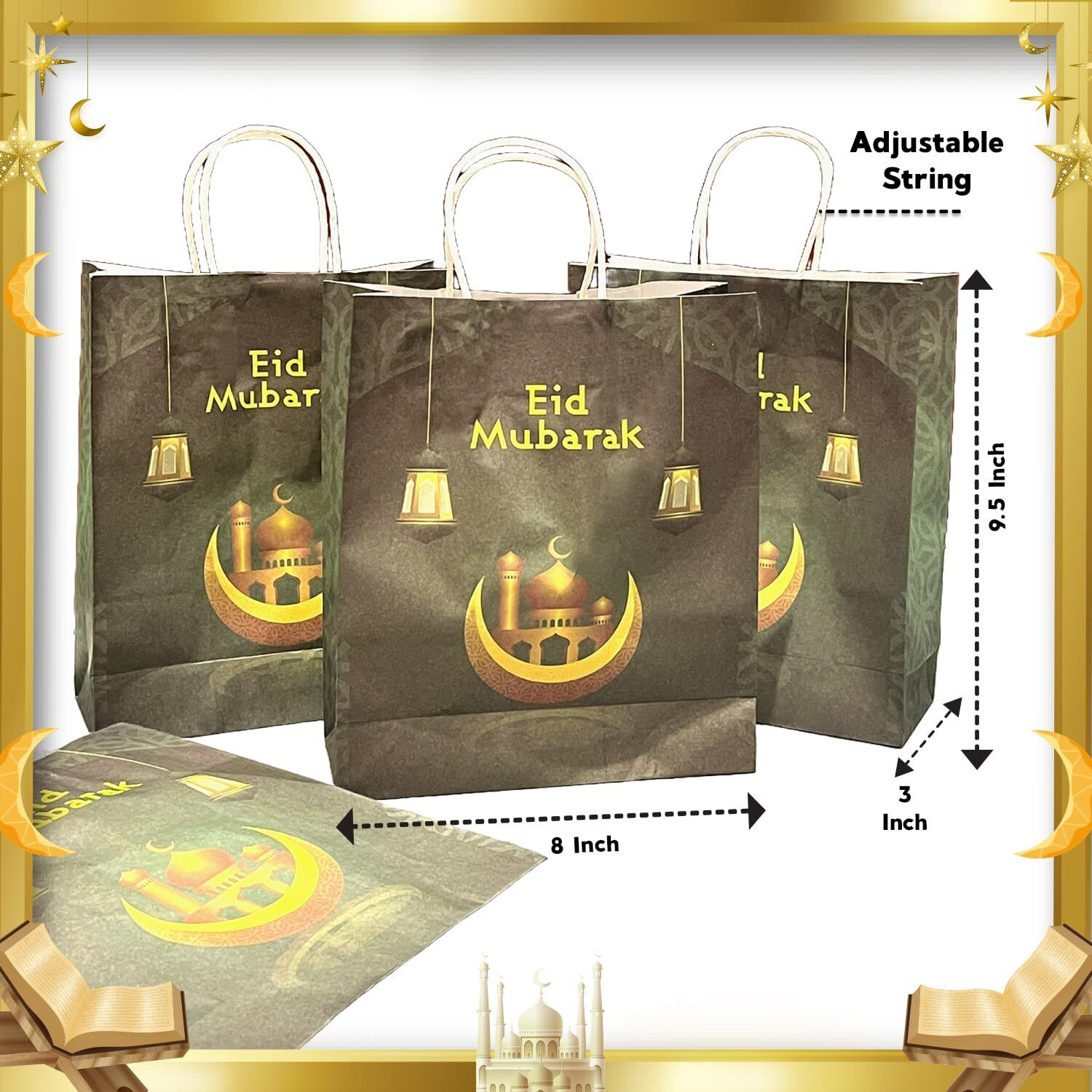 Festiko Set Of 12 Pcs Paper Gift Bags For Ramadan/Eid (Green & Golden - 9.5 X 8 X 3 Inches), Gift Bags For Ramadan, Eid Party Supplies