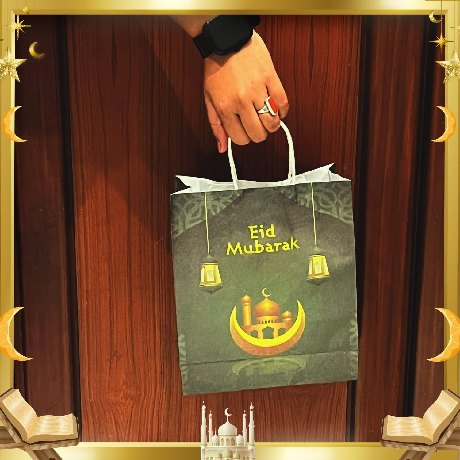Festiko Set Of 12 Pcs Paper Gift Bags For Ramadan/Eid (Green & Golden - 9.5 X 8 X 3 Inches), Gift Bags For Ramadan, Eid Party Supplies