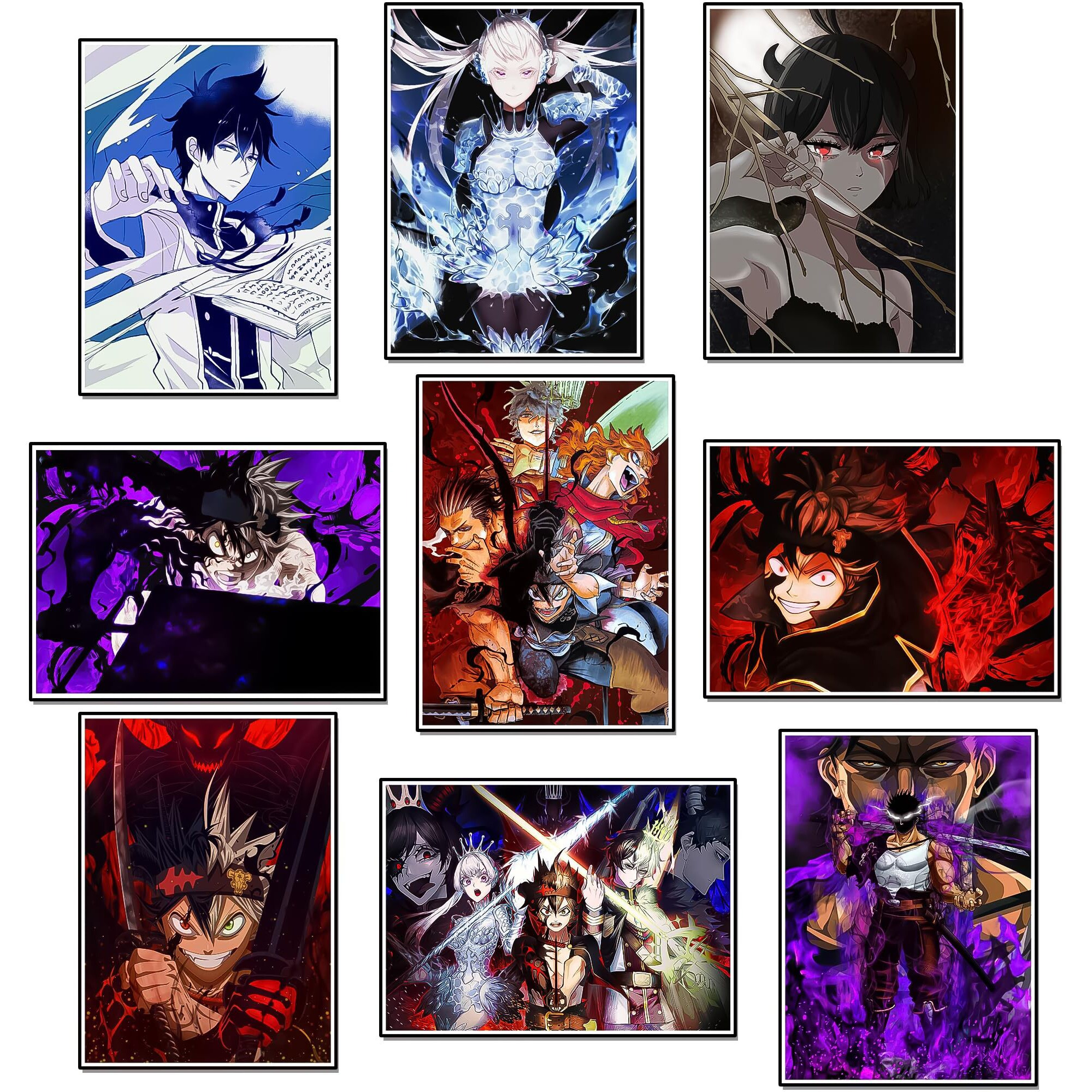 Paper9Store Pack Of 9 - Anime Posters Self-Adhesive Anime Wall Poster For Room, Size A4 Self-Adhesive 300 Gsm Thick Matt Poster (Black Clover)