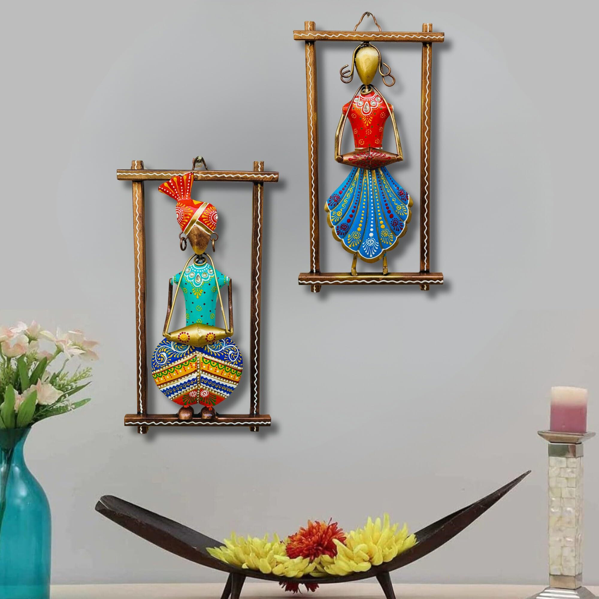 Rsn Metal Wall Decor For Living Room Decoration - Vintage Handmade Rajasthani Musician Showpiece For Wall Decoration - Set Of 2 Frames - Size-12 X 6 Inches Each