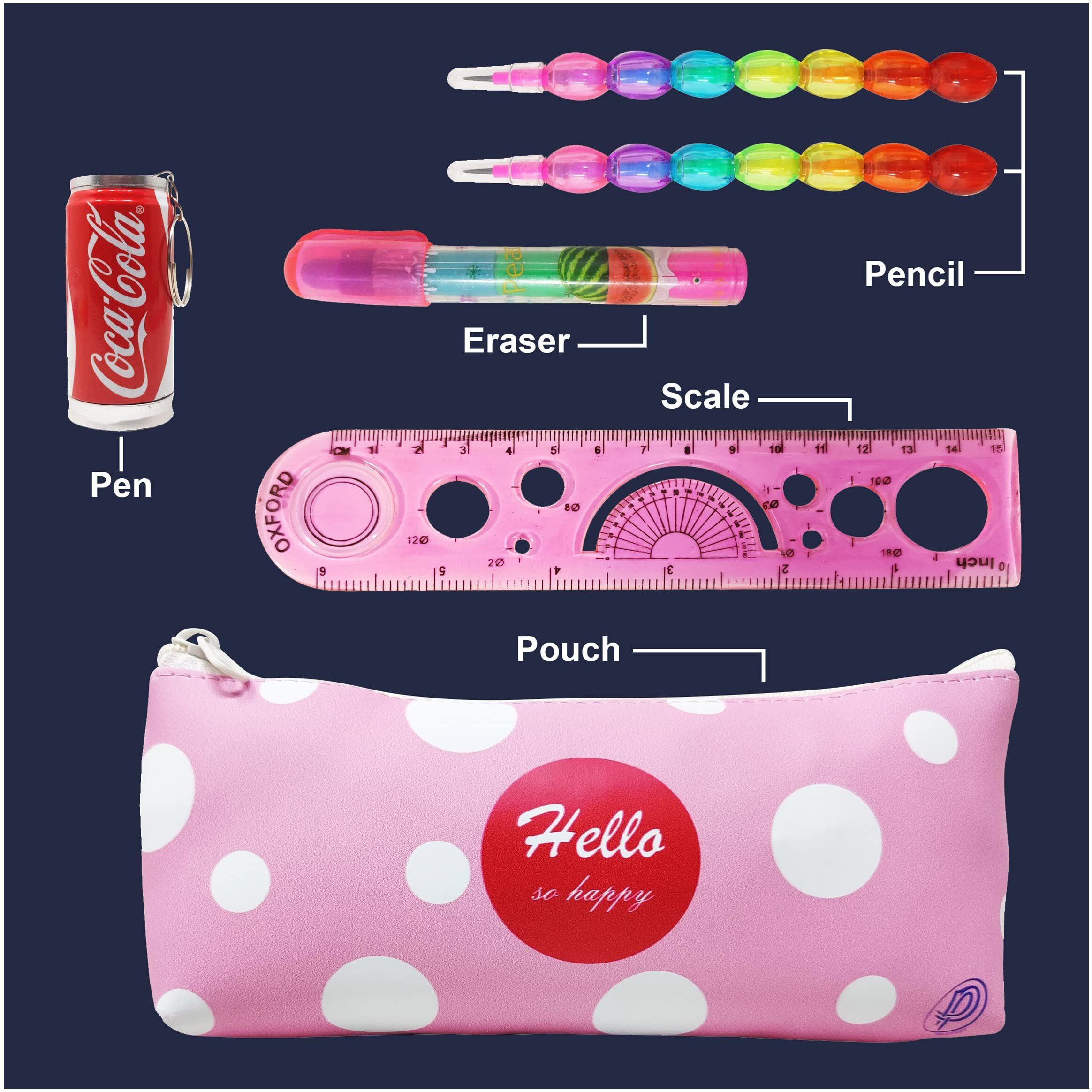 Parteet Combo (Pack Of 6 Items) Stationery Set With 1 Hello Pouch, 1 Folding Pen, 1 Eraser, 2 Pencils And 1 Scale For Kids