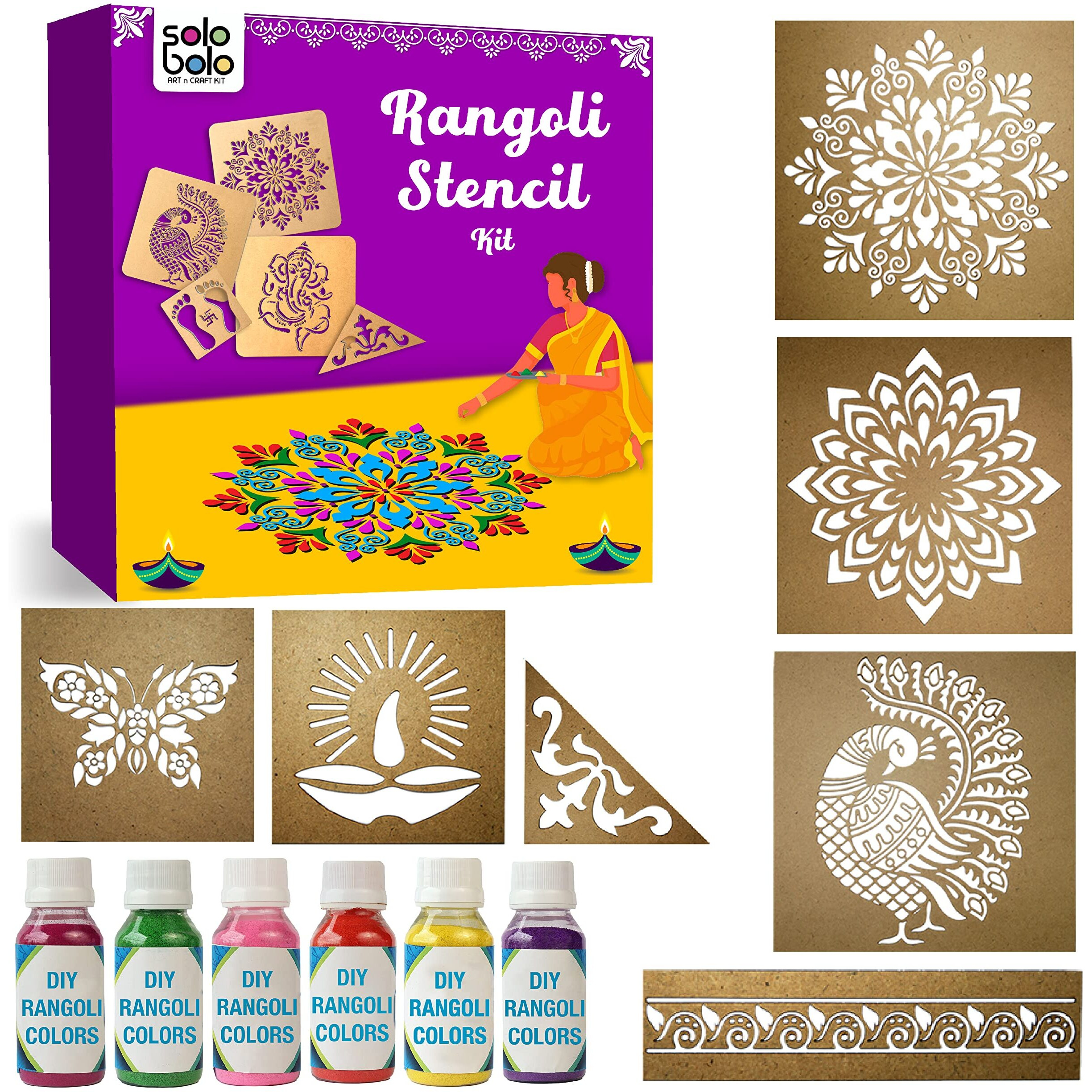 Solobolo Peacock Rangoli Stencils With 6 Rangoli Colours | Mandala Rangoli Stencil | Diwali Diya Stencil | Butterfly Rangoli Stencil | Corner Rangoli Stencil | Border Rangoli Stencil | Set Of 7