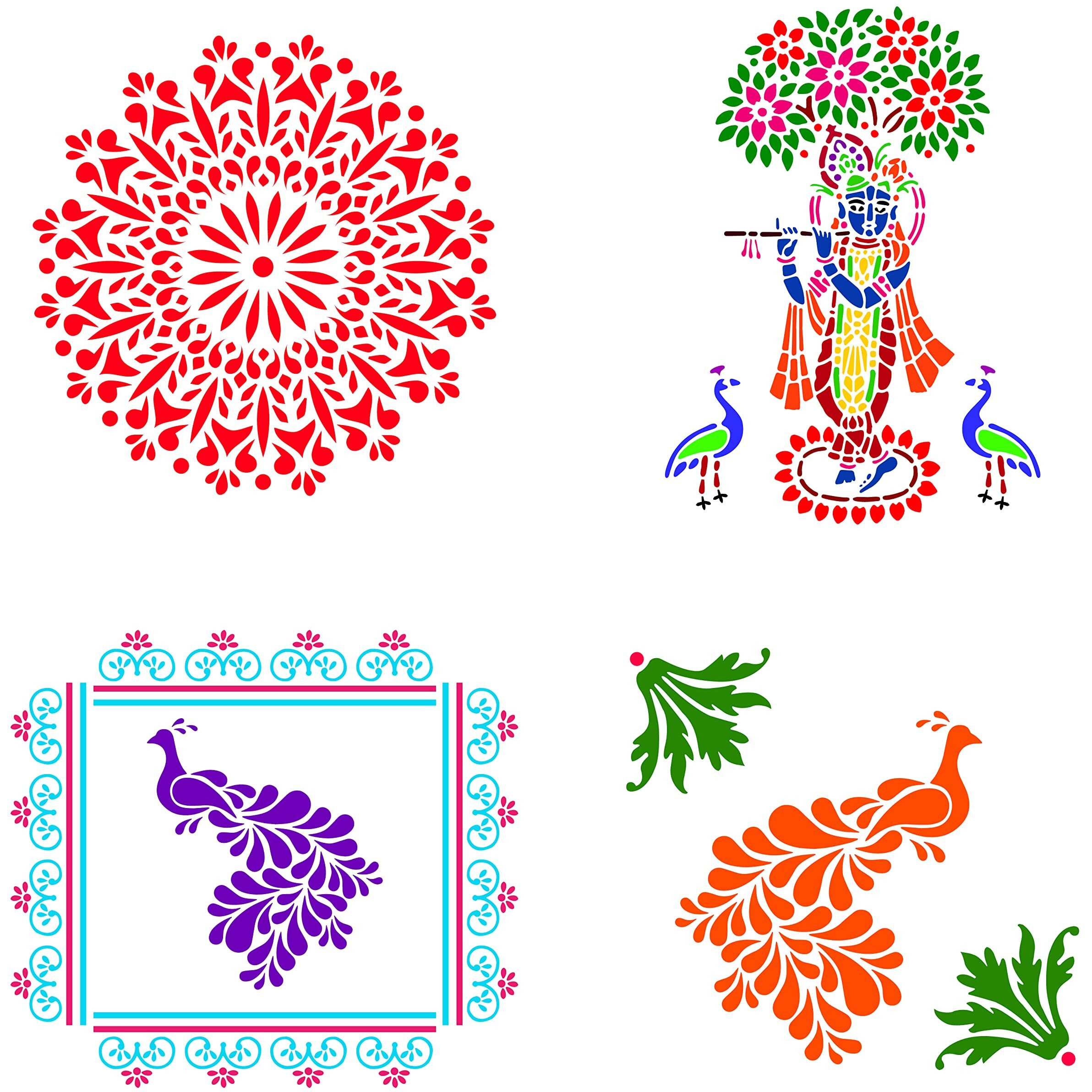 Solobolo Stencil Of Peacock For Rangoli With 6 Rangoli Colors| Krishna Rangoli Stencil | Mandala Rangoli Stencil |Corner Rangoli Stencil | Border Rangoli Stencil | Set Of 5 | Rn502