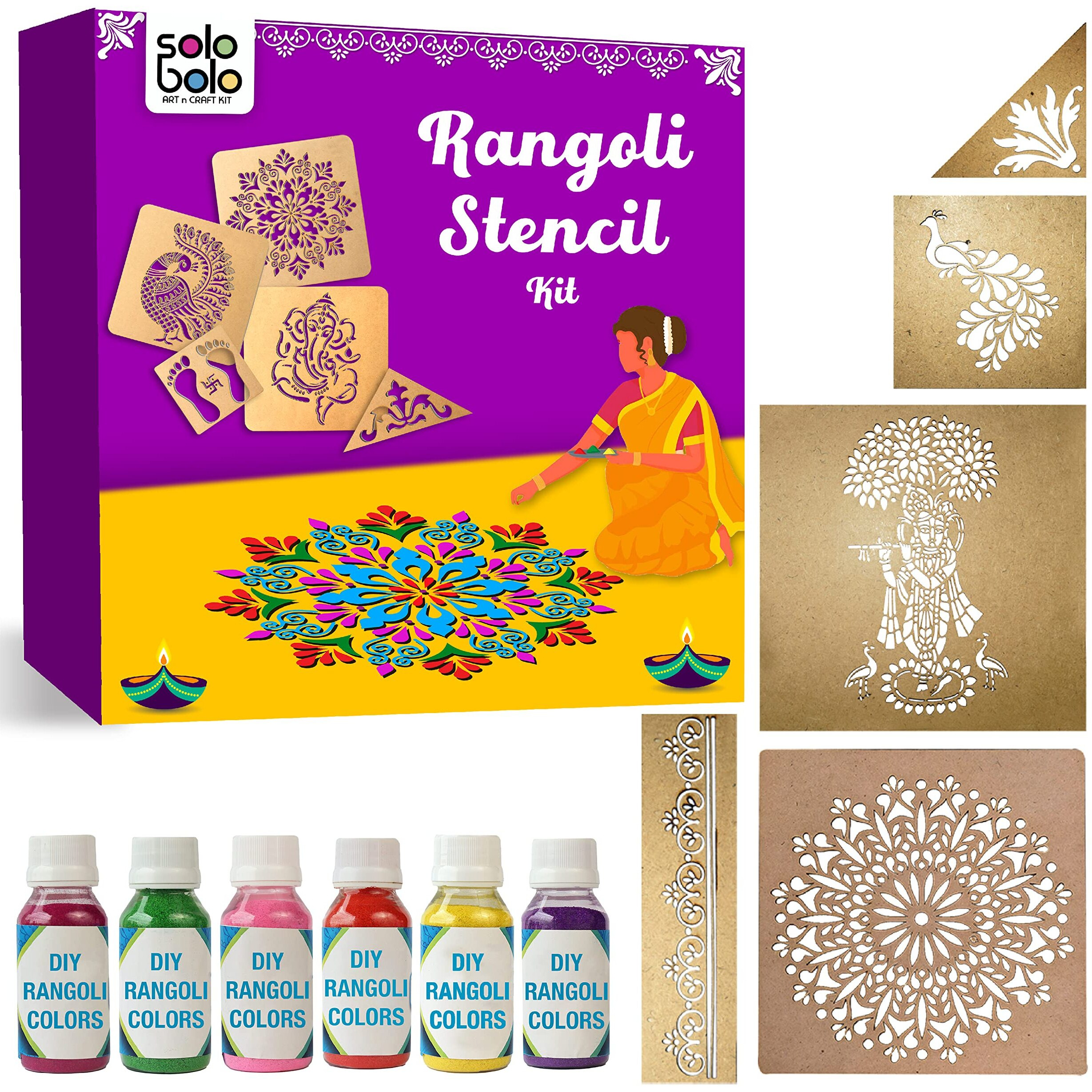 Solobolo Stencil Of Peacock For Rangoli With 6 Rangoli Colors| Krishna Rangoli Stencil | Mandala Rangoli Stencil |Corner Rangoli Stencil | Border Rangoli Stencil | Set Of 5 | Rn502