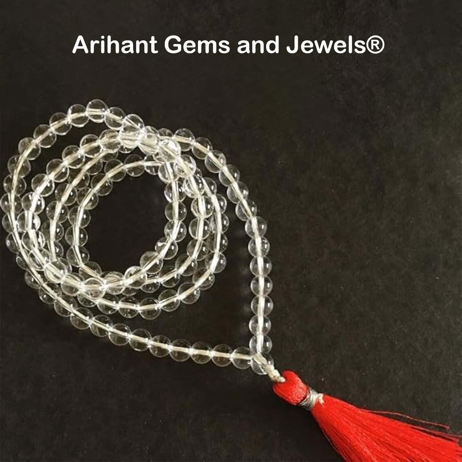Arihant Gems And Jewels Sphatik/Crystal Jaap Mala For Pooja (108+1 Beads) | Natural & Certified | Astrological Beads | Positive Effect | Unisex Both For Men & Women (5.5 Mm-6Mm)