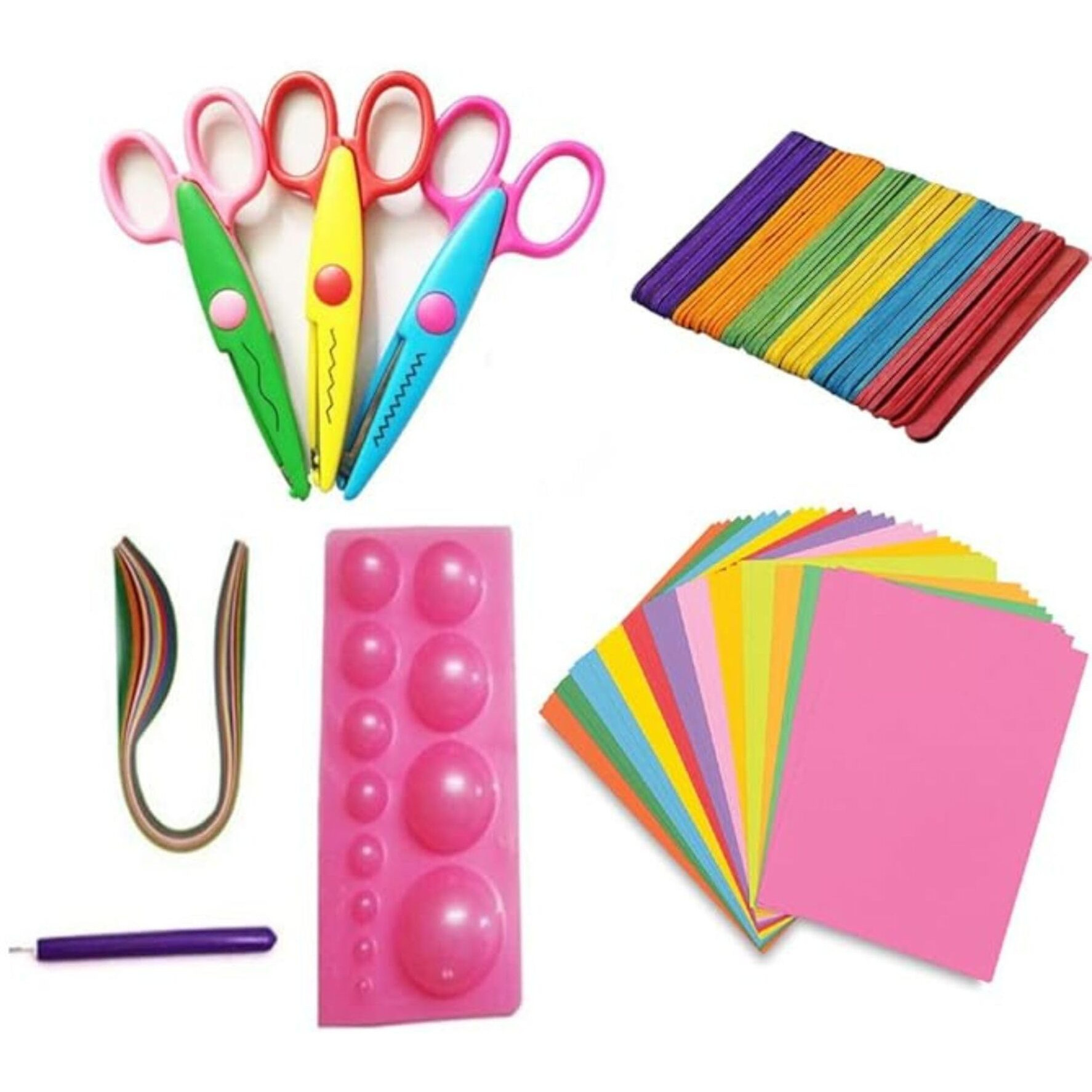 Gold Leaf Neo 6-In-1 Art & Craft Making Kit  Multi-Color Set With Zig-Zag Scissors, Needle Art Molds, Color Paper Sheets & Ice Cream Sticks For School Projects & Diy Decoration