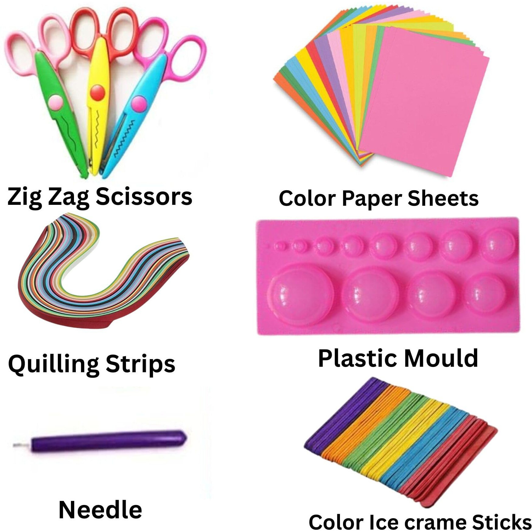Gold Leaf Neo 6-In-1 Art & Craft Making Kit  Multi-Color Set With Zig-Zag Scissors, Needle Art Molds, Color Paper Sheets & Ice Cream Sticks For School Projects & Diy Decoration