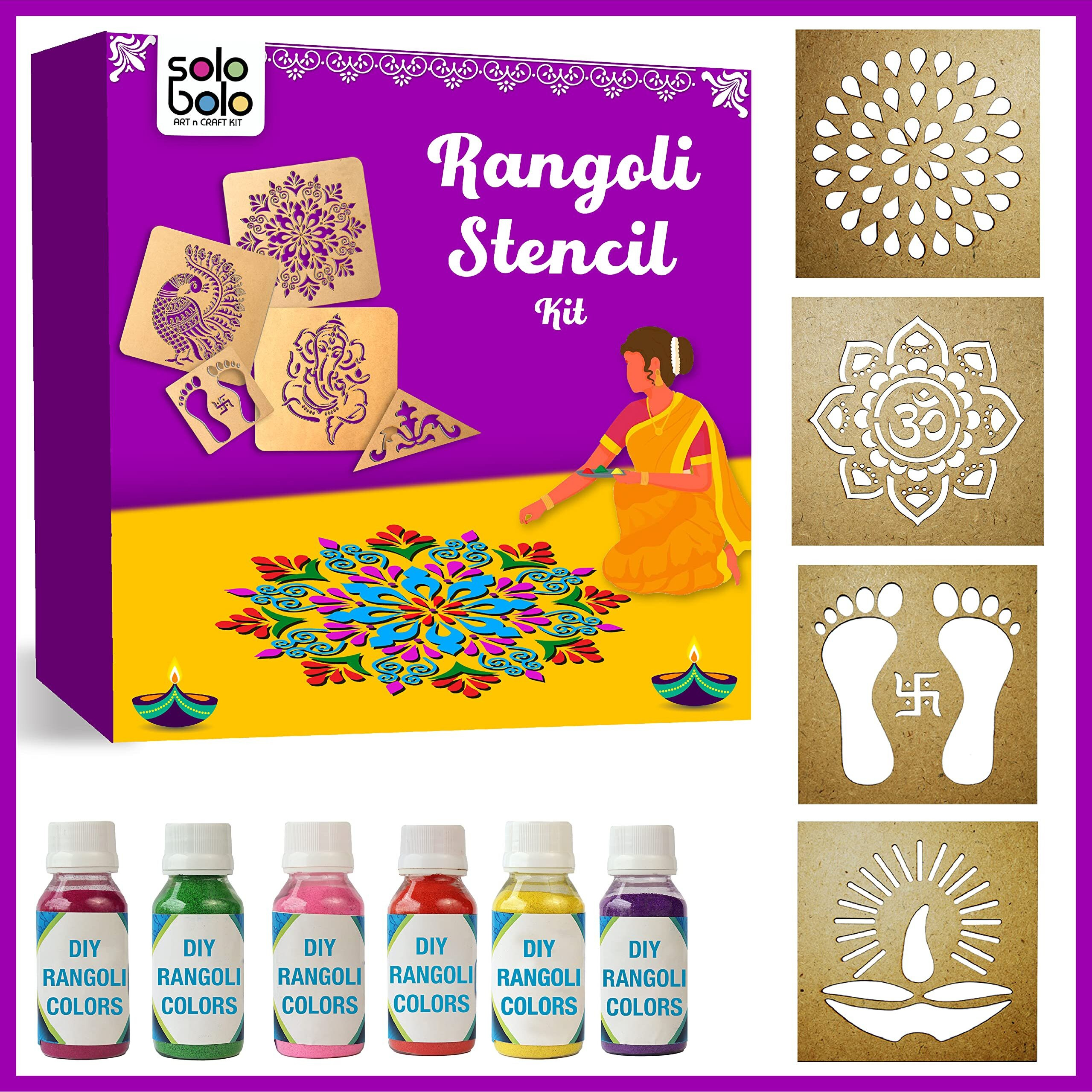 Solobolo Mandala Rangoli Stencil With 6 Rangoli Colours | Mandala Rangoli Stencil | Laxmi Feet For Door Entrance Rangoli Stencil | Diwali Diya Rangoli Stencil | Set Of 4 | Rn401