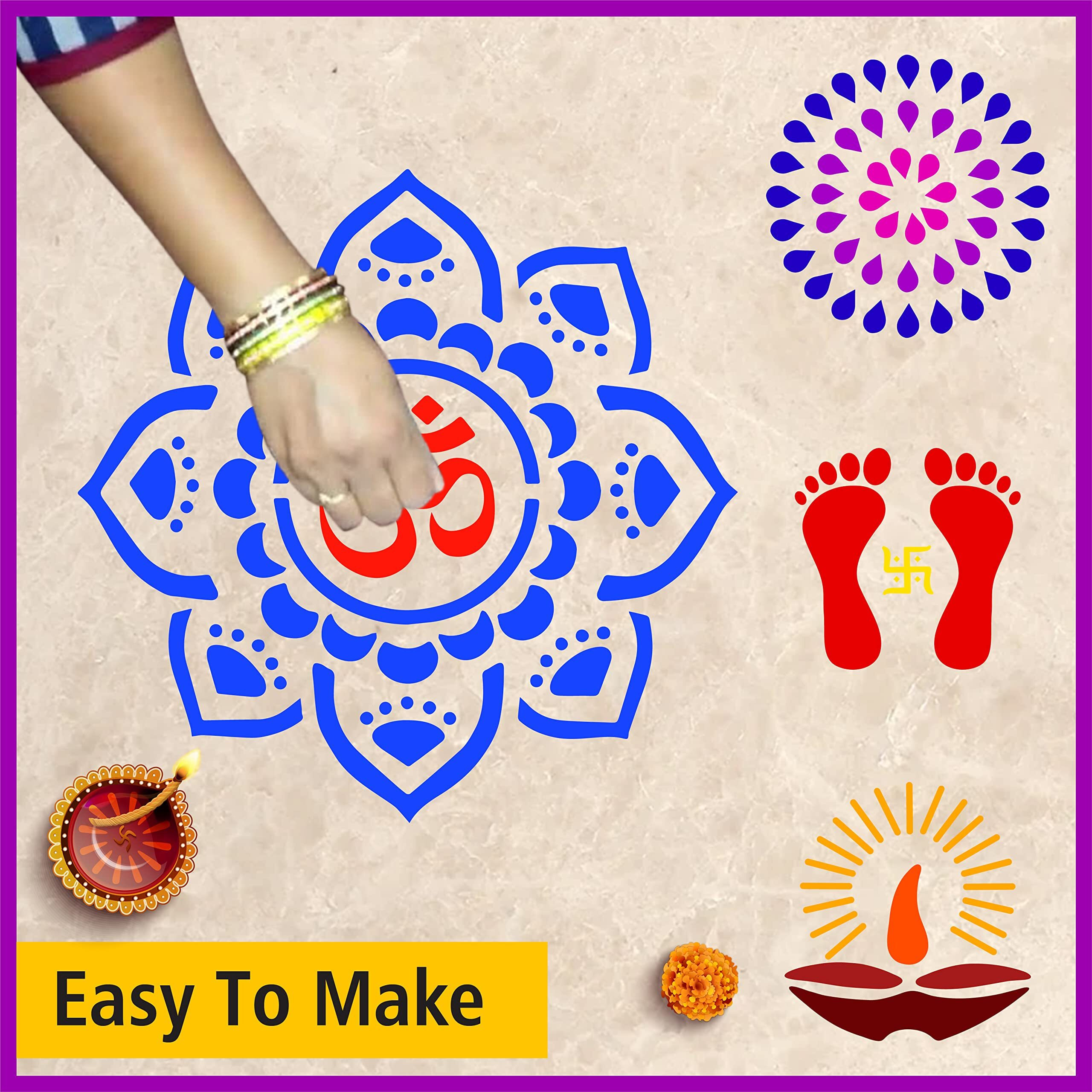 Solobolo Mandala Rangoli Stencil With 6 Rangoli Colours | Mandala Rangoli Stencil | Laxmi Feet For Door Entrance Rangoli Stencil | Diwali Diya Rangoli Stencil | Set Of 4 | Rn401