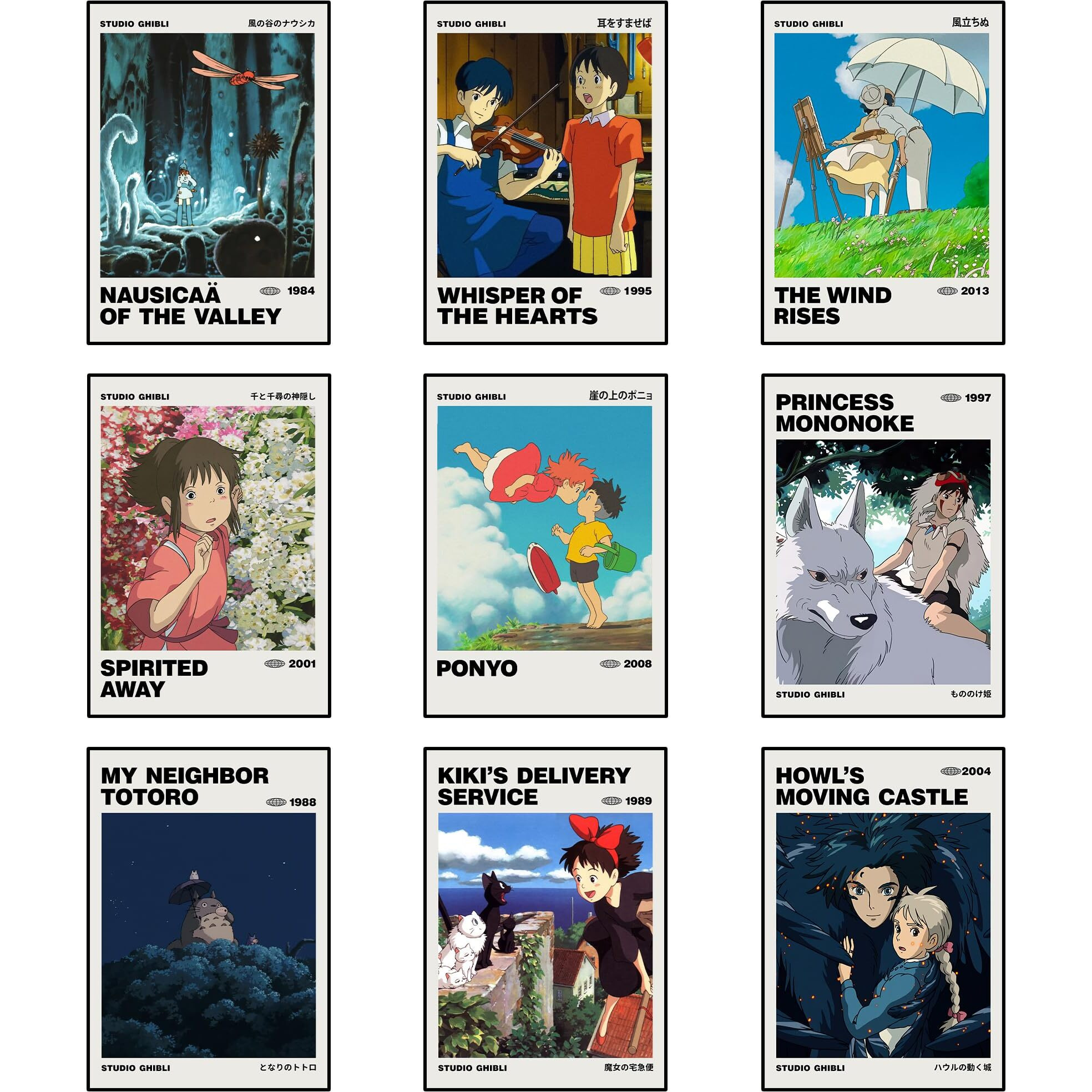 Paper9Store Pack Of 9 - Studio Ghibli Posters Self-Adhesive Anime Wall Poster For Room, Anime Art Print Size A4 300 Gsm Thick Matt Poster, Sprited Away, Ponyo, The Wind Rises, My Neighbor Totoro Etc