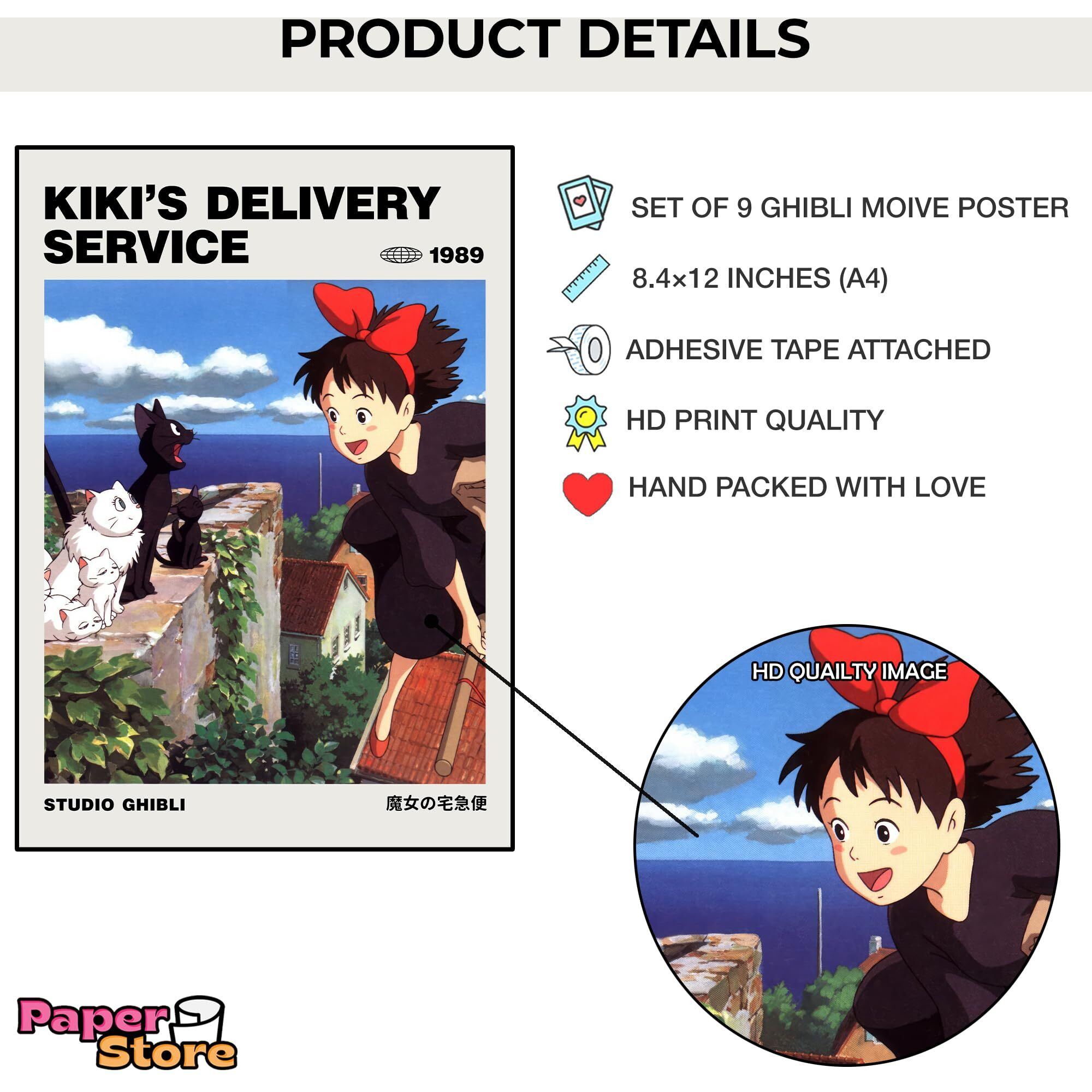 Paper9Store Pack Of 9 - Studio Ghibli Posters Self-Adhesive Anime Wall Poster For Room, Anime Art Print Size A4 300 Gsm Thick Matt Poster, Sprited Away, Ponyo, The Wind Rises, My Neighbor Totoro Etc
