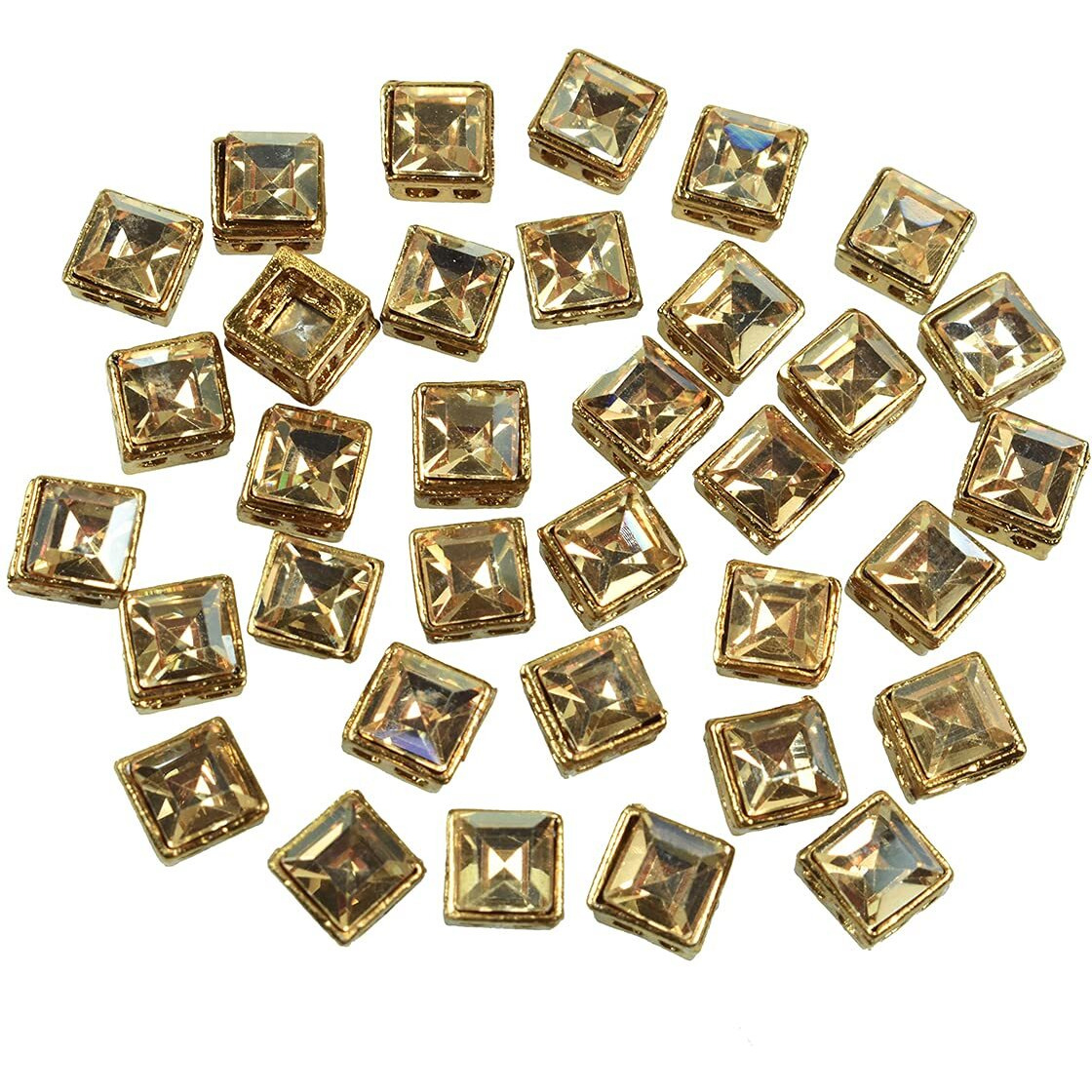 Embroiderymaterial Flat Back Gold Rhinestones In Raised Setting In Square Shape For Jewelry Making & Embellishment-7Mm-50 Pieces