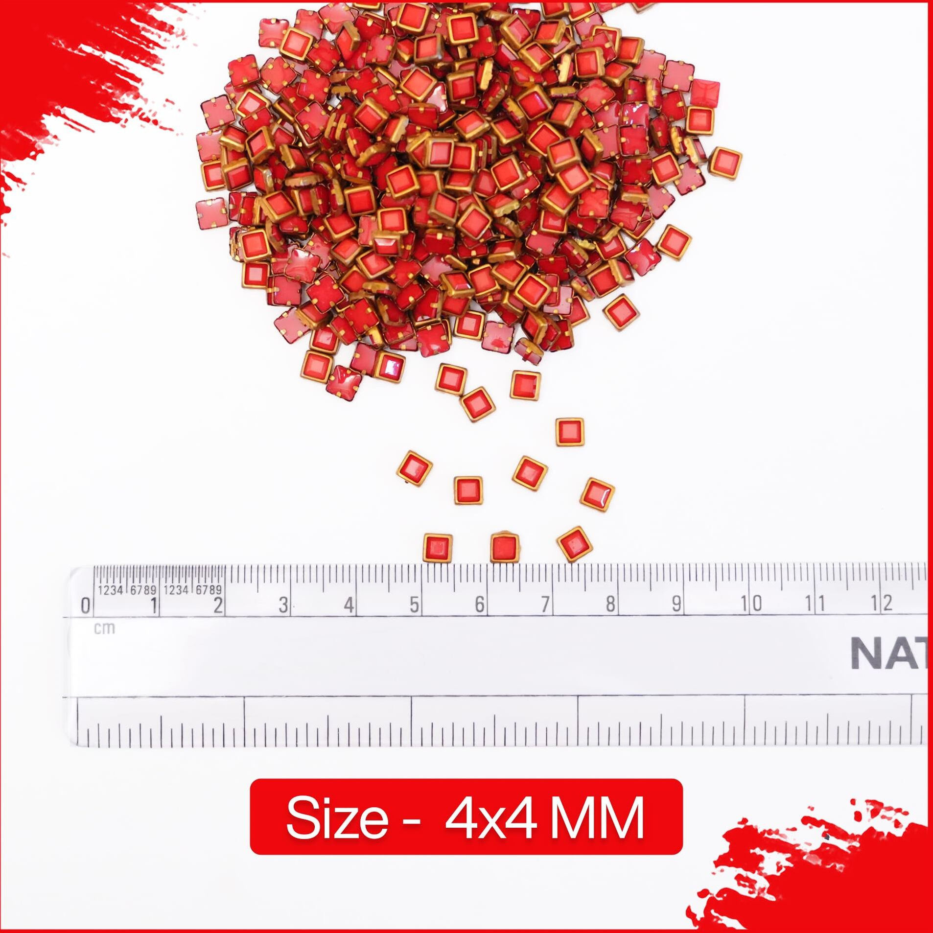 Embroiderymaterial Acrylic Flat Glue On Kundan Stones Beads For Craft, Jewellery Making, Bangles Work, Maggam Work Material, Stones For Embroidery & Aari Work (Red, Square Shape, 500 Pieces)