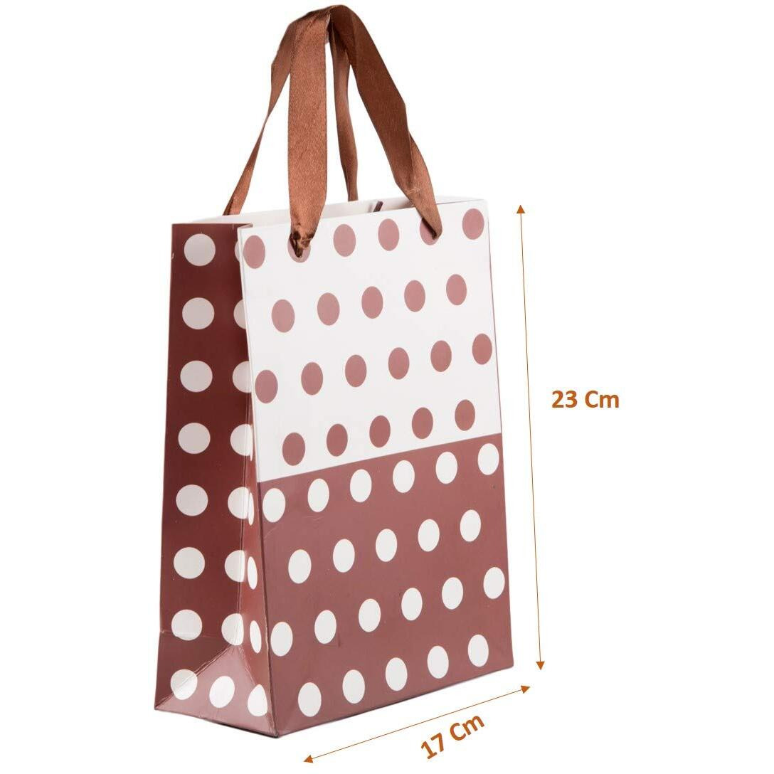 Swhf Luxe Polka Dot Gift Bags  Set Of 4 | Premium Kraft Paper With Rope Handles | Elegant Brown Printed Gift Bags For Gifting, Birthdays, Weddings, Parties & Corporate Use | Eco-Friendly & Reusable