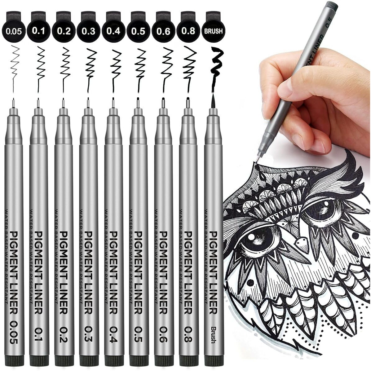 Qatalitic 9 Pcs Black Micro-Pen Fineliner Drawing Ink Pens, Waterproof Archival Black Pigment Writing Drawing Pens, Assorted Point Sizes For Sketching, Anime, Manga, Technical Drawing, Scrapbooking