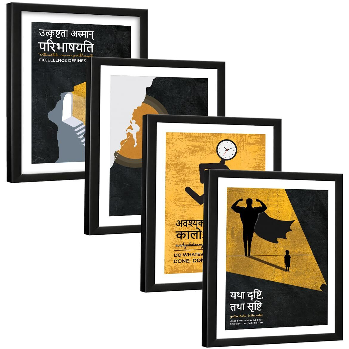 Chaka Chaundh - Sanskrit Quotes Art - Motivational Framed Poster - Time & Inspirational Quotes For Home & Office  14 X 11 Inches - Set Of 4