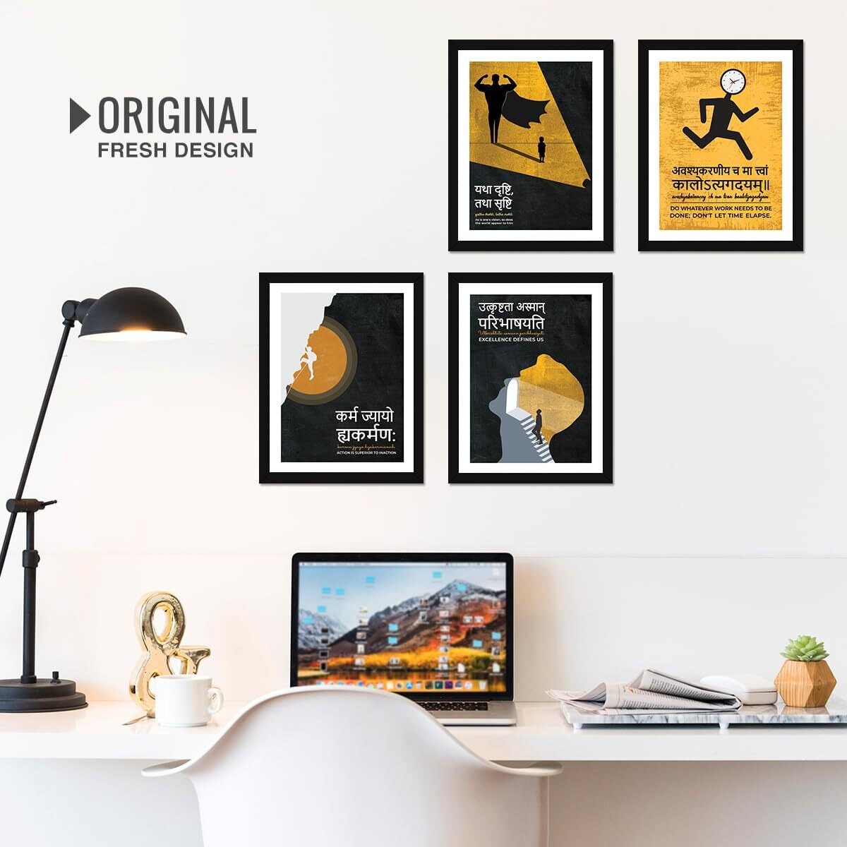 Chaka Chaundh - Sanskrit Quotes Art - Motivational Framed Poster - Time & Inspirational Quotes For Home & Office  14 X 11 Inches - Set Of 4