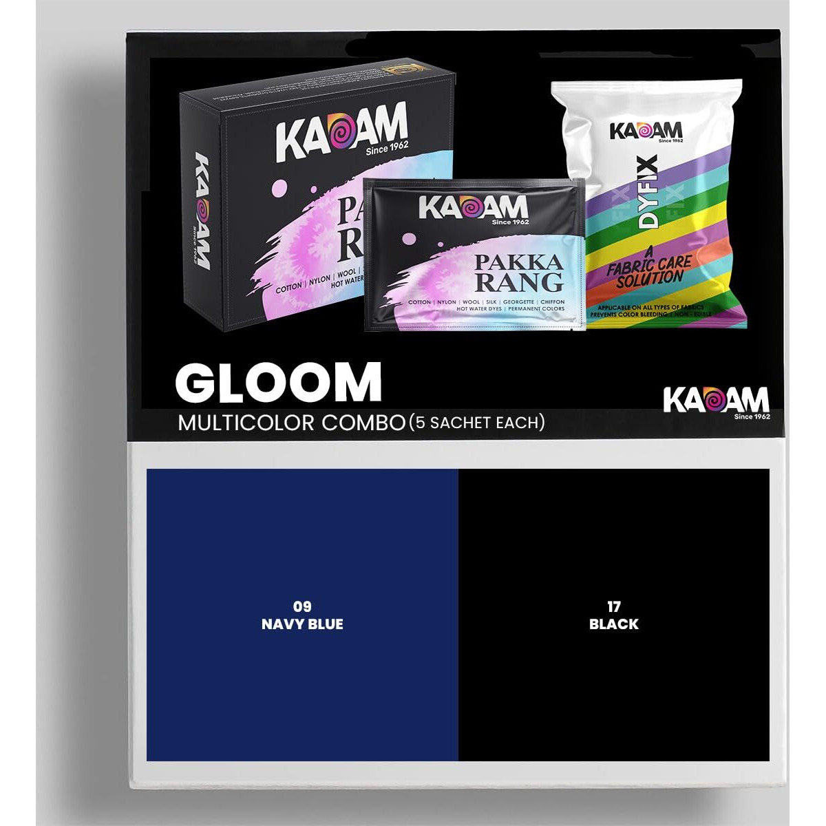 Kadam Pakka Rang Fabric Dye For Clothes Permanent, Multicolour Combo (C4 Gloom- Black (5 Sachet), Dark Blue (5 Sachet)), Cloth Dye Powder, Fabric Dye Clothes, Dyfix Color Fixer