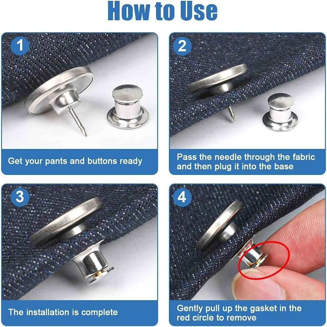 Kawn 6Pcs Jeans Button Pins Multipurpose No Sew Replacement Jeans Buttons For Women Adjustable Instant Pants Waist Extender For Jeans Trousers Bags Skirt Hat Reusable Metal Button Tightener (A)