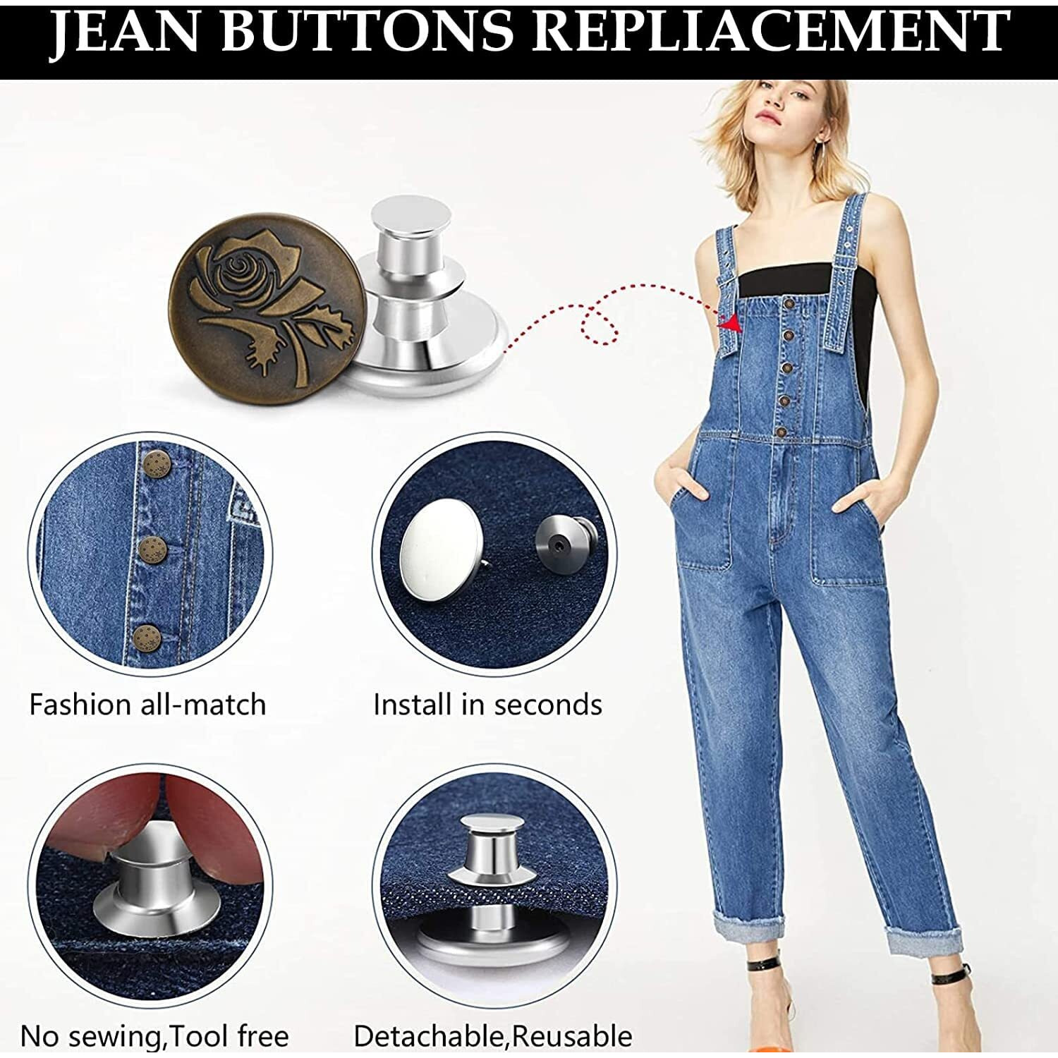 Kawn 6Pcs Jeans Button Pins Multipurpose No Sew Replacement Jeans Buttons For Women Adjustable Instant Pants Waist Extender For Jeans Trousers Bags Skirt Hat Reusable Metal Button Tightener (A)