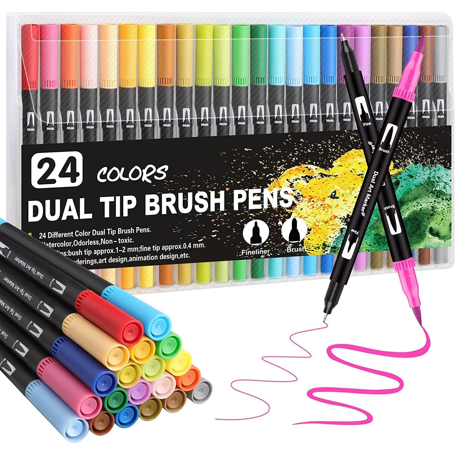 Corslet 24 Pc Dual Tip Marker Pens Drawing Colour Brush Pen Shades Fineliner Set Sketch Calligraphy Color Highlighter Markers Art Supplies For Artist , Multicolor