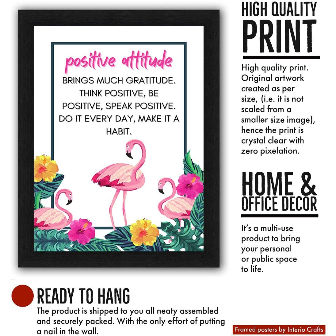 Interio Crafts Positive Attitude Motivational Wall Frames - Positive Quotes Wall Frames - Inspirational Framed Poster - Synthetic Wood - 13 X 10 Inches