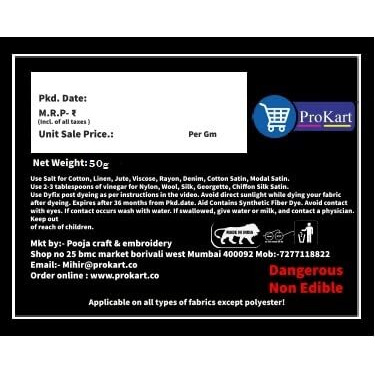 Prokart Lifaura Pakka Rang Fabric Dye Colour Natural Dye For Fabric Pack Of 10 Sachets (5G Each - 50G Pack) Shadea-27 Midnight Black(Same Color), Prokart Lifaura Pakka Rang
