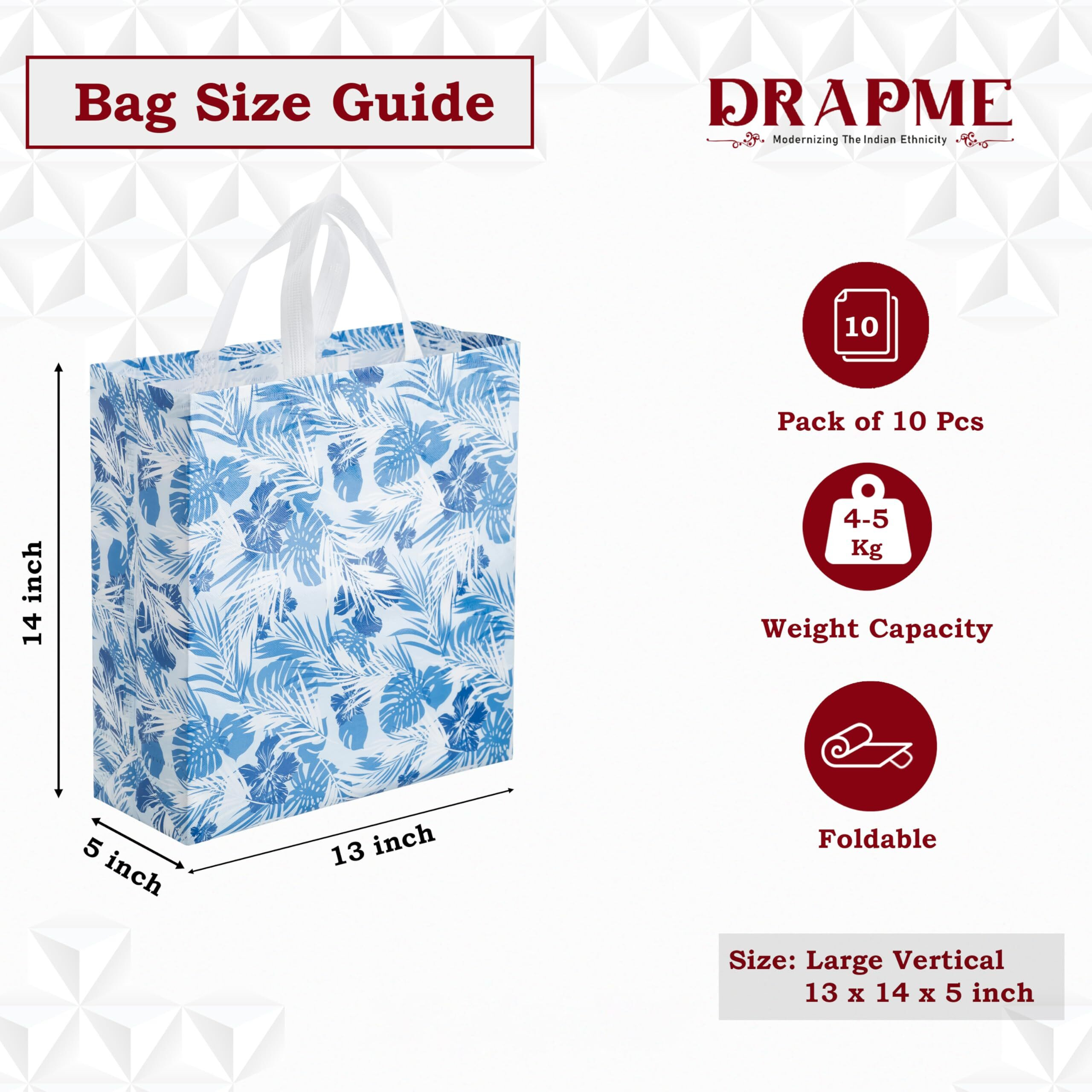 Drapme Large Size Pack Of 10 Pcs Rose Flower Printed Non-Woven Laminated Fabric Reusable Eco-Friendly Party Return Gift Bags (Large - 13X14X5 Inch)