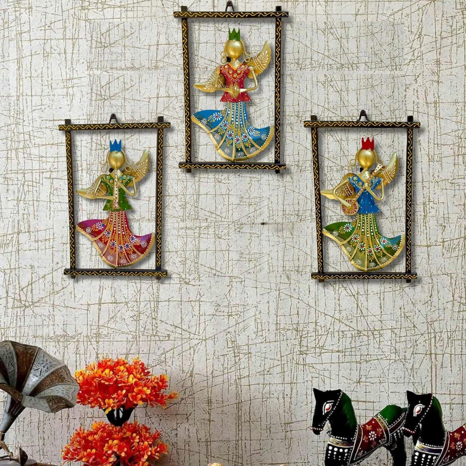 Anshika International 3 Music Pari Wall Hangings For Home Decoration, Metal Wall Art Frame Wall Sculpture For Living Room, Bedroom Decorative Items (Size 12X7.5 In)