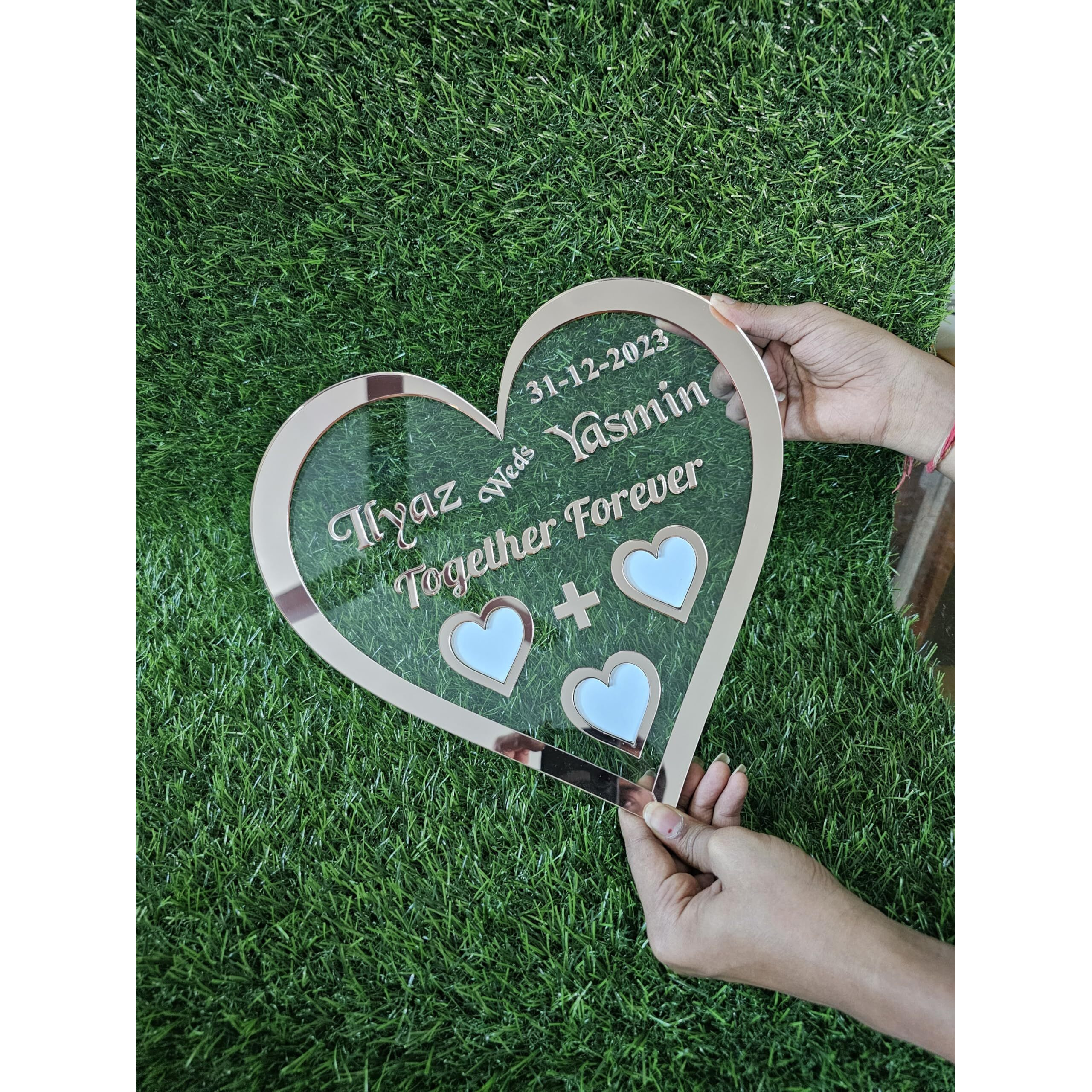Ukani Acrylic Couple Thumb Impression Heart Shape Gift (30 Cm X 30 Cm) | Wedding Thumb Print | Personalized Text | Anniversary/Valentine Gift (Rose Gold)