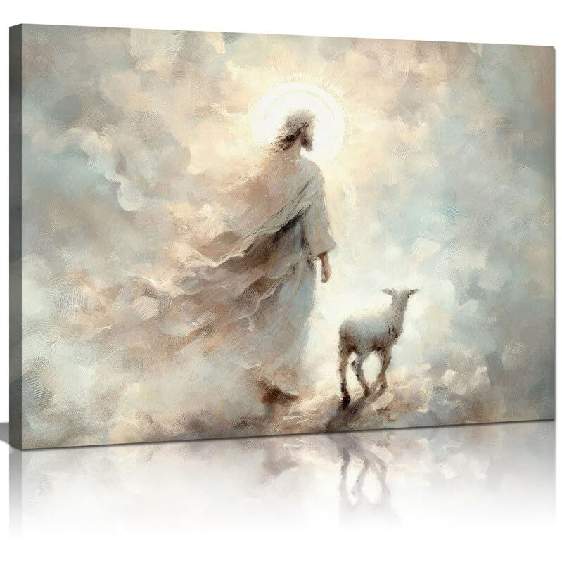 Yaasmolaa Jesus And Lamb Canvas Wall Art Scripture Religious Decor Christian Canvas Wall Art Prints For Bathroom Living Room Kitchen Bedroom 16X12Inch