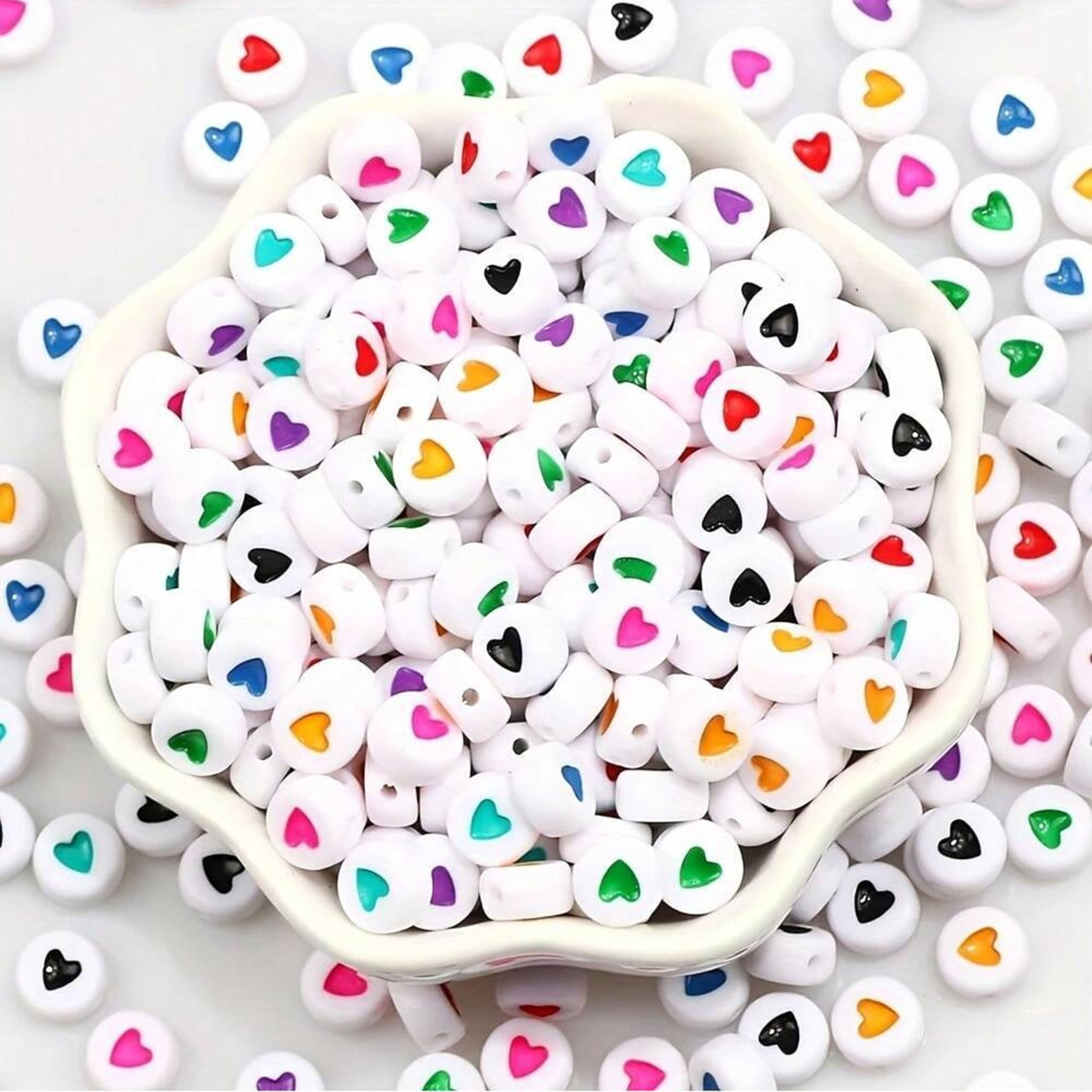 Indikonb Round Acrylic Spacer Beads With Heart Design - 300 Colorful Hearts For Bracelet Kit, Necklace Making, Jewelry Craft, And Charms Set (White Multicolor)