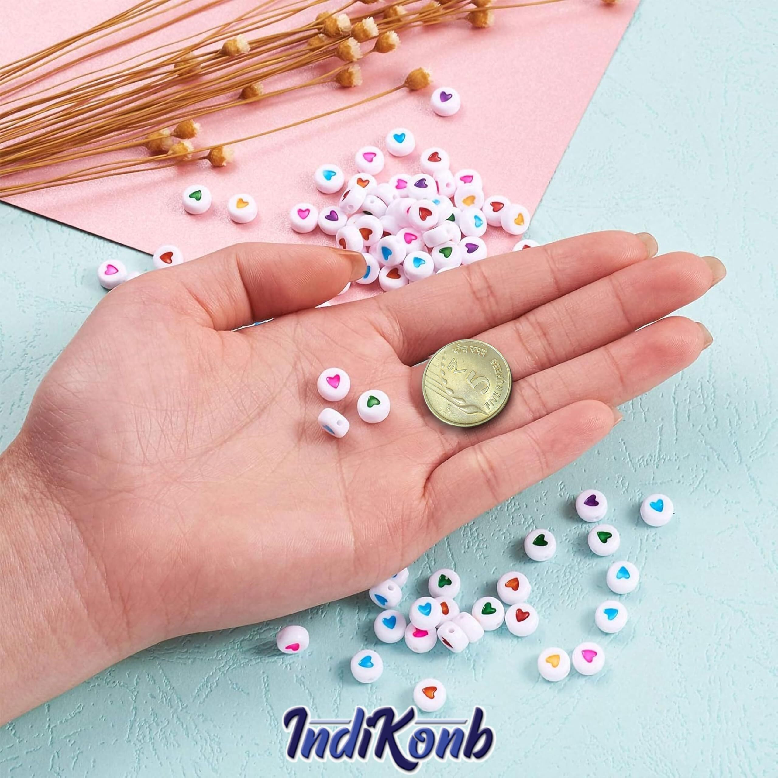 Indikonb Round Acrylic Spacer Beads With Heart Design - 300 Colorful Hearts For Bracelet Kit, Necklace Making, Jewelry Craft, And Charms Set (White Multicolor)