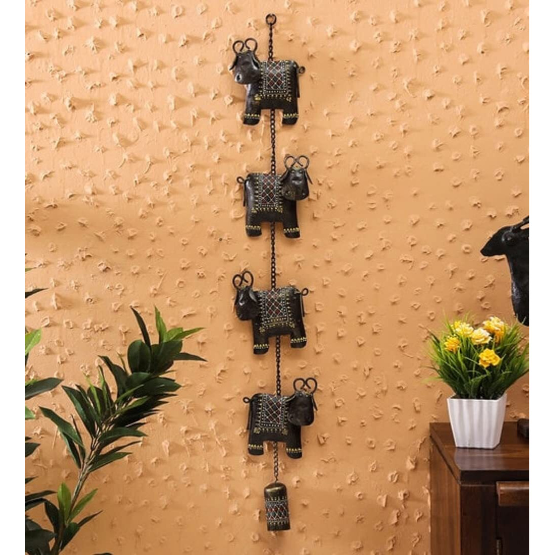 World Decor Wrought Iron 4 Cows Bell Metal Abstract/Wall Sculpture/Wall Hanging/Wall Art Multicolor For Home Decoration/Living Room/Office/Cafe/Bedroom (4.5X1X30 In)